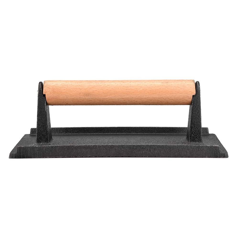 Heavy Duty Cast Iron Steak Press with Wooden Handle - Professional Hamburger Patty Maker & Bacon Press for Grilling, BBQ, Paninis - Perfect for Backyard Cookouts, Restaurant Use & Home Kitchen