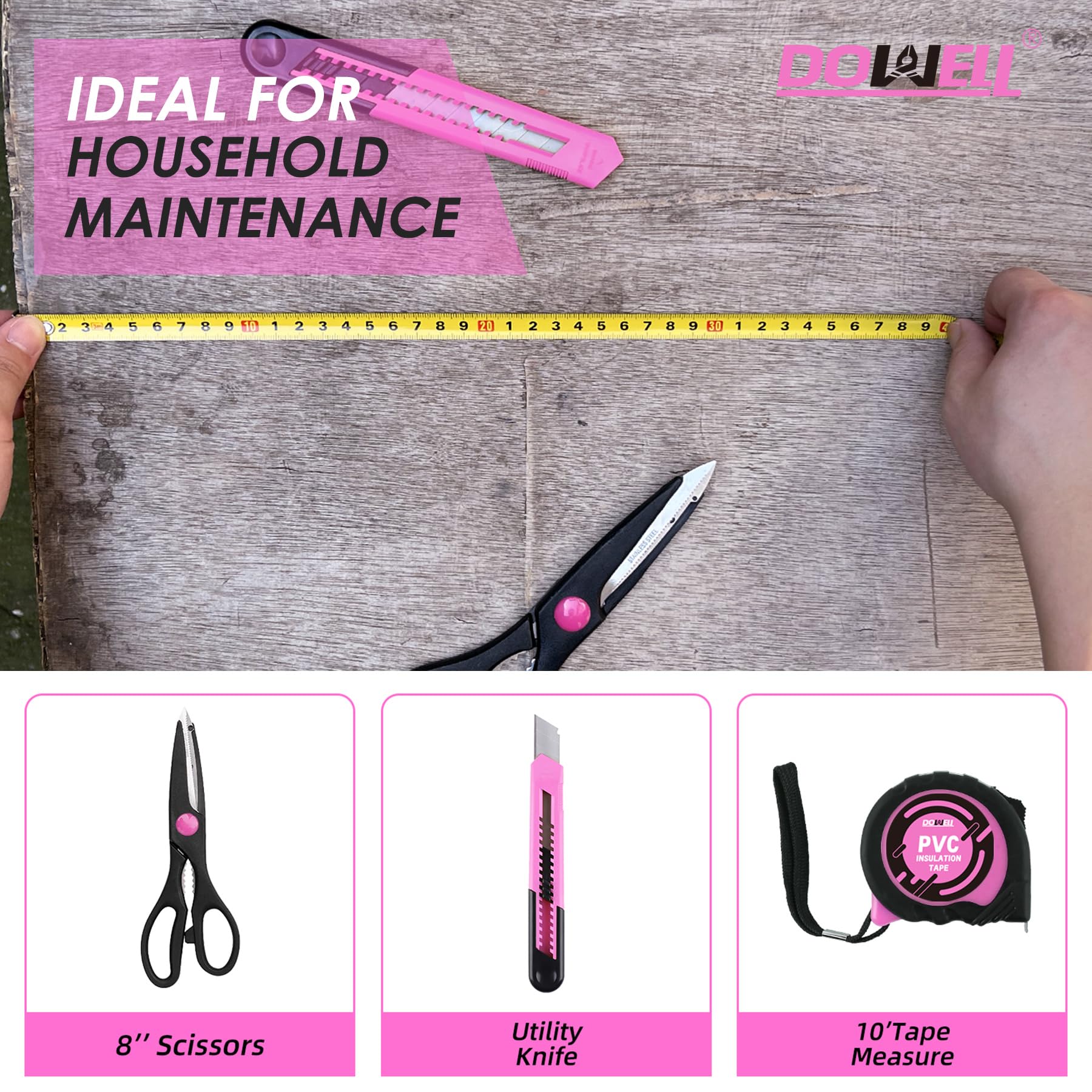DOWELL 40-Piece Pink Home Tool Kit with Plastic Storage Case - General Household Hand Tool Set for Women | Perfect for DIY Projects, Home Repairs & Small Fixes