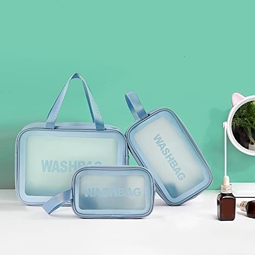 QBLYN 3-Piece Waterproof Makeup Organizer Set | Travel Toiletry Bag for Women | Cosmetic Storage Pouch for Bathroom & Vanity | Perfect for Home, Gym, Vacation & Business Trips (Blue)