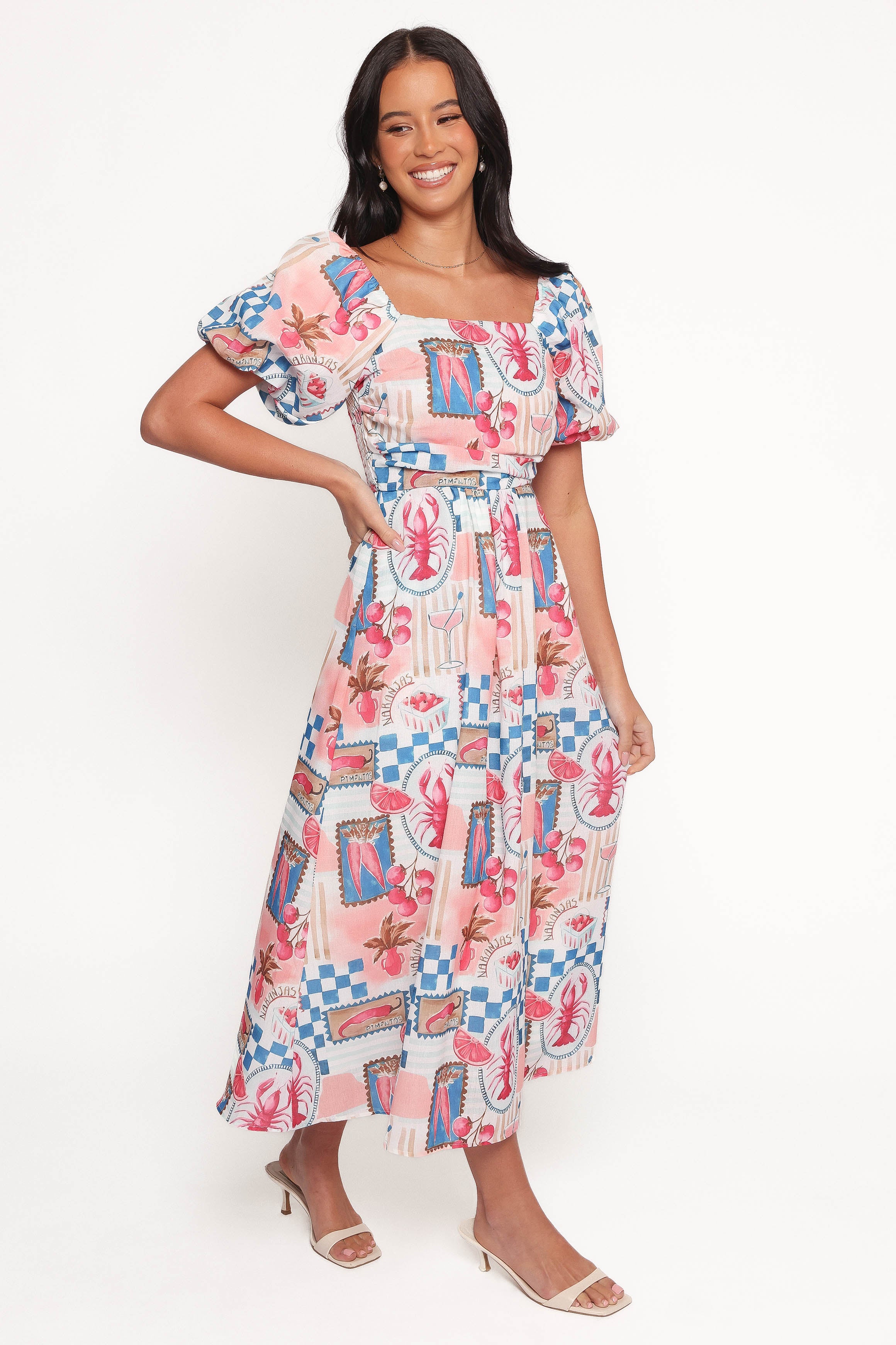 Elegant Clo Puff Sleeve Midi Dress in Pink & Blue - Flowy Summer Dress for Women, Perfect for Weddings, Parties & Date Nights