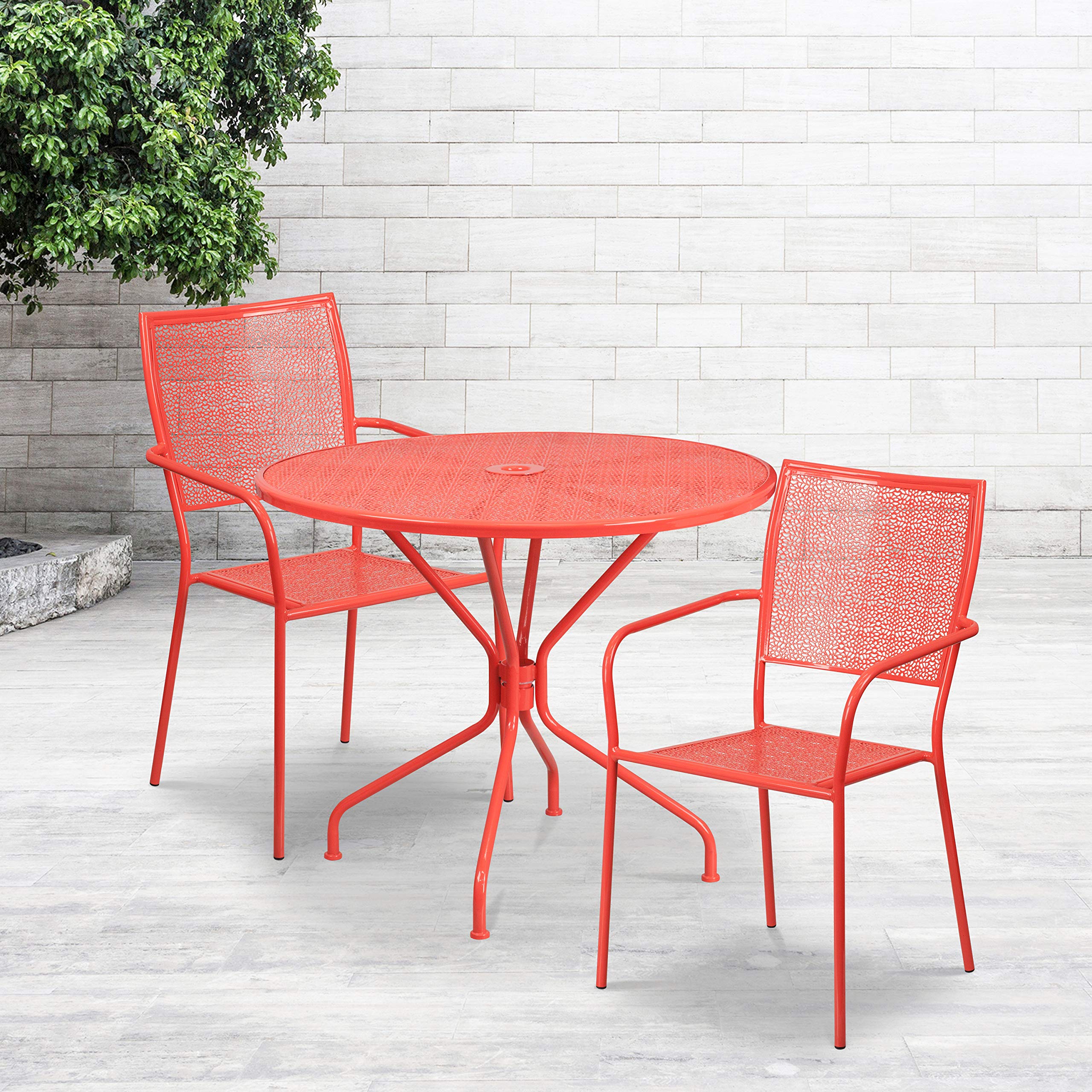 EMMA + OLIVER 35.25 Inch Round Coral Outdoor Patio Dining Table Set with 2 Square Back Chairs - Commercial Grade All-Weather Furniture for Garden, Poolside, Restaurant, and Backyard Relaxation