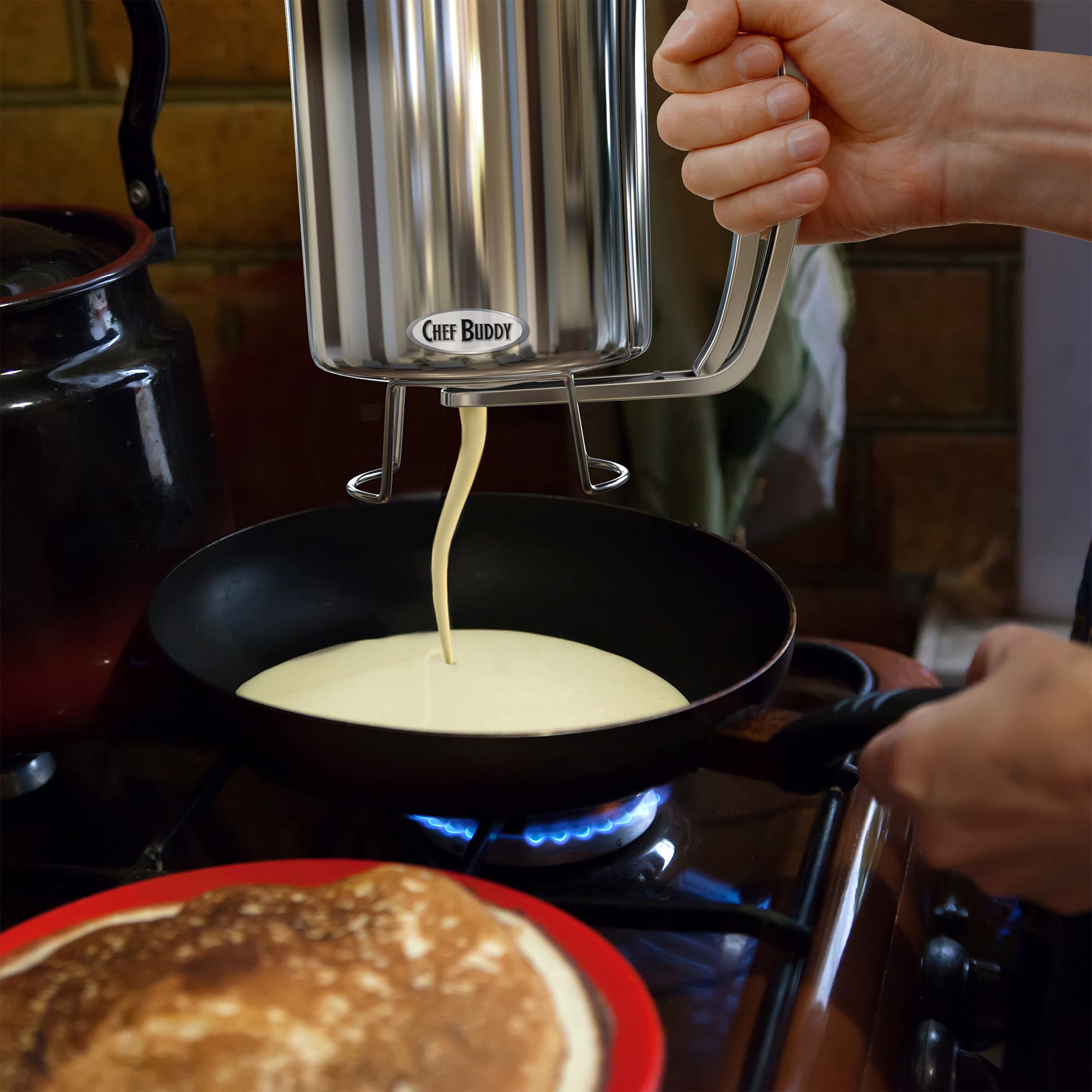 Premium Stainless Steel Pancake Batter Dispenser - No Drip Pourer for Perfect Pancakes, Waffles, Cupcakes & Muffins - 4.25