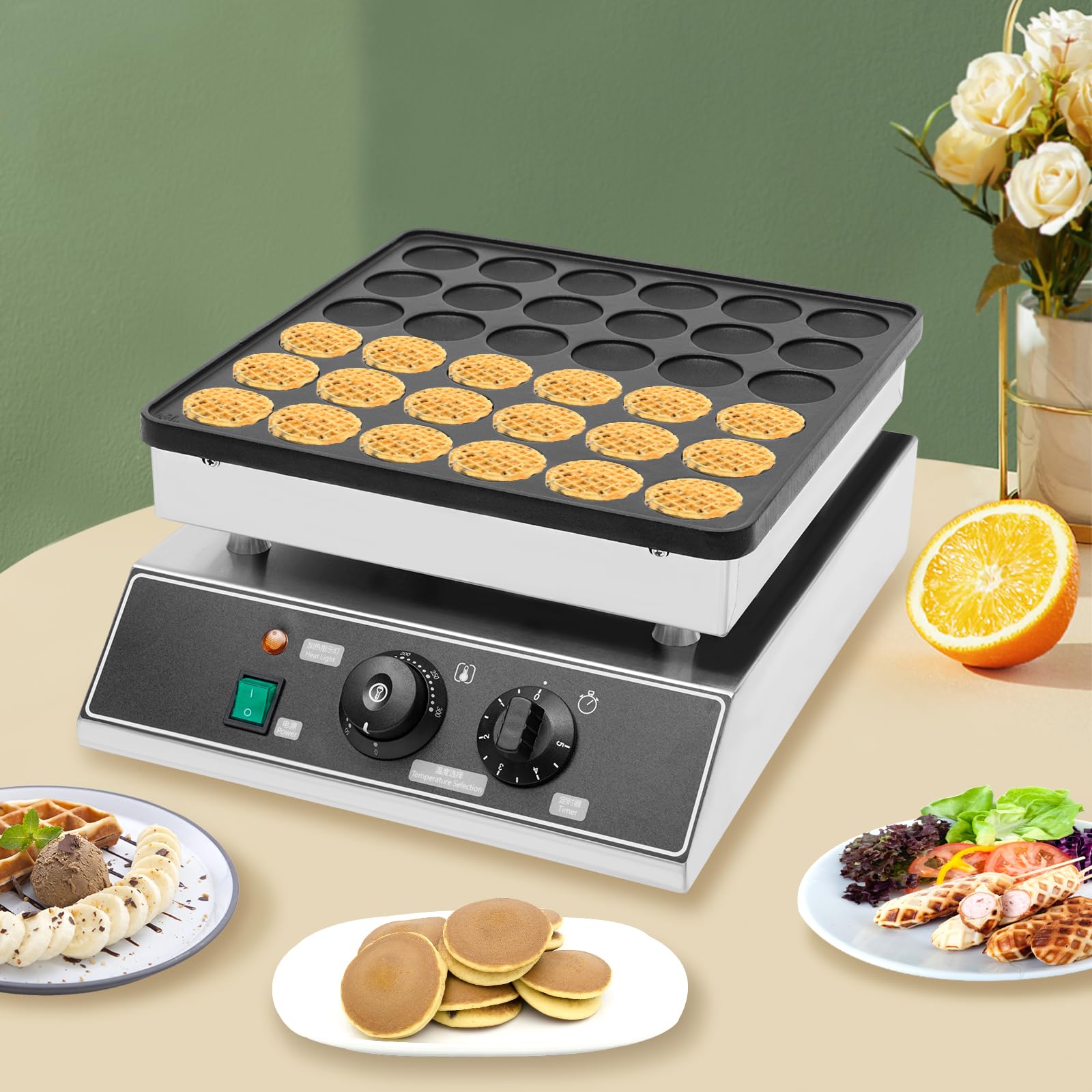 Commercial Electric Dutch Pancake Baker Maker - 36Pcs Nonstick Mini Waffle Maker, Stainless Steel for Restaurants, Cafes & Shops - Perfect for Breakfast Buffets, Brunch Catering and Coffee Shop Menus