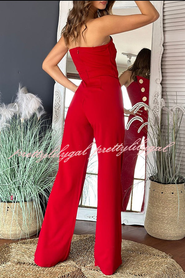 Solid Color Sexy Tube Top Gold Button Embellished Bootcut Jumpsuit for Women | Elegant One-Piece Romper with Metallic Accents | Perfect for Night Out, Party & Special Occasions