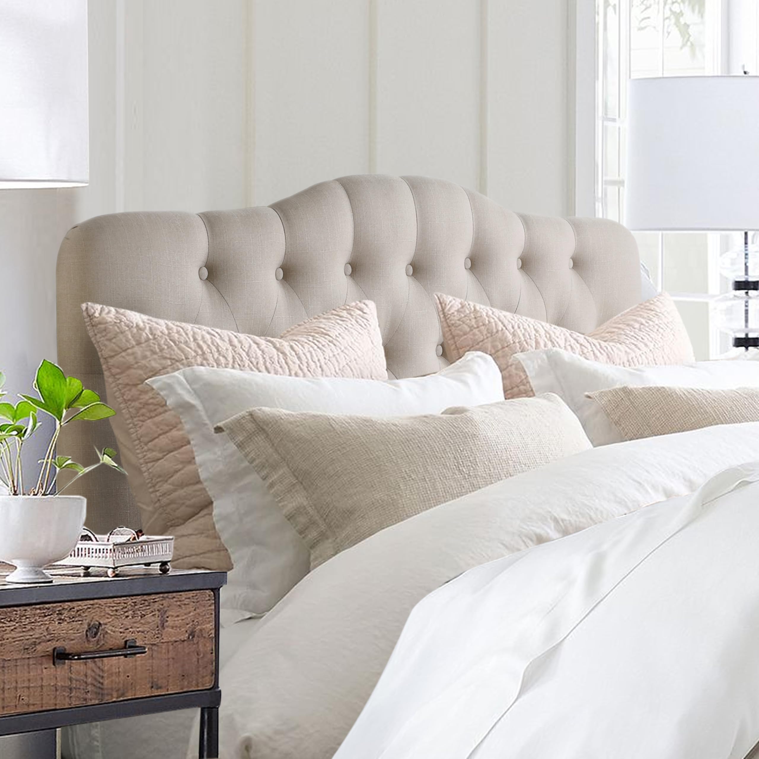 Rosevera Givanna Adjustable Height Upholstered Headboard - Full Size Linen Fabric with Button Tufting - Beige Bedroom Headboard for Queen, King or Full Beds - Perfect for Modern, Farmhouse or Contemporary Bedroom Decor
