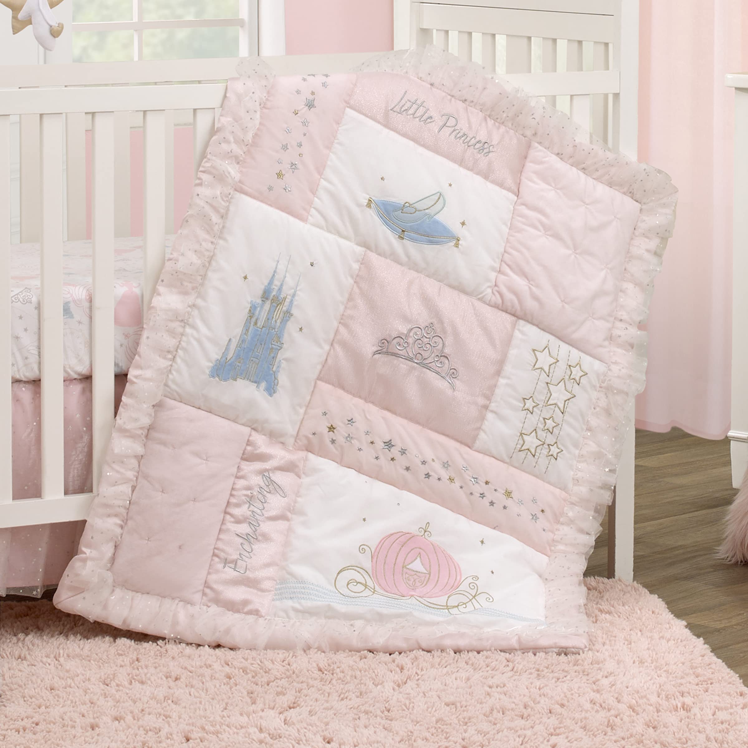 Disney Princess Enchanting Dreams Pink & White 3-Piece Crib Bedding Set - 100% Cotton Baby Nursery Comforter, Fitted Sheet & Skirt | Soft & Safe for Newborns, Perfect for Girls' Nursery Decor & Baby Shower Gifts