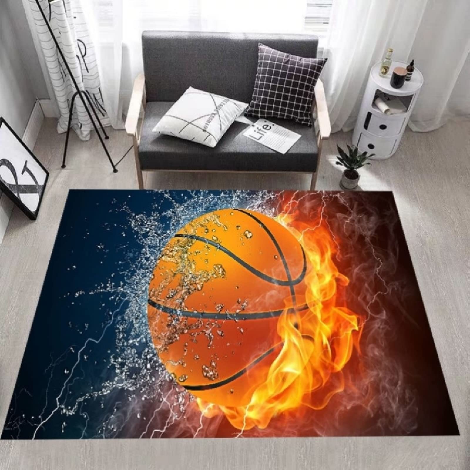 Modern Abstract Area Rug - Water, Fire & Basketball Design, Non-Slip Washable & Breathable - Perfect for Living Room, Bedroom, Office & Study - 5x8ft - Ideal for Home Decor, Kids Play Area & Sports Themed Spaces