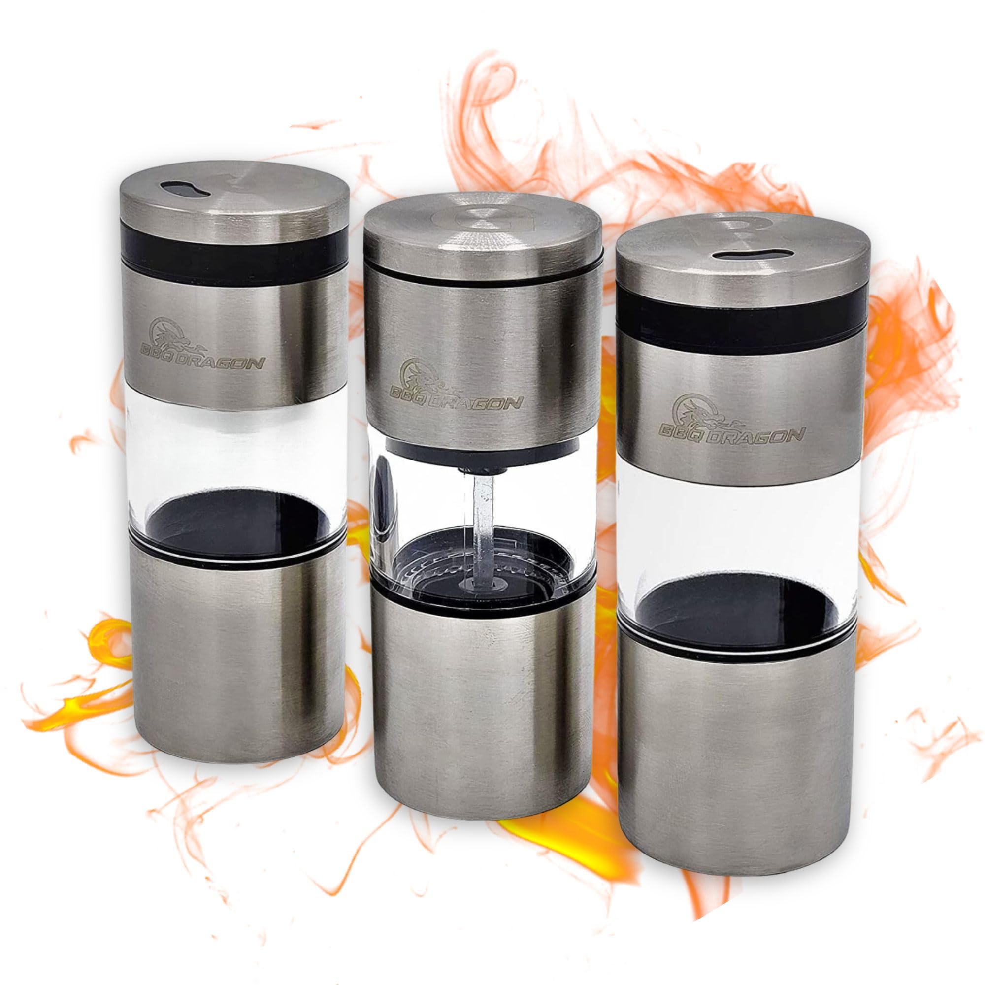 BBQ Dragon 3-Piece Magnetic Stainless Steel Salt and Pepper Shakers Set - Refillable Adjustable Grinder for Kitchen, Grill & Outdoor Cooking | Durable Spice Dispenser for BBQ, Camping & Dining Table