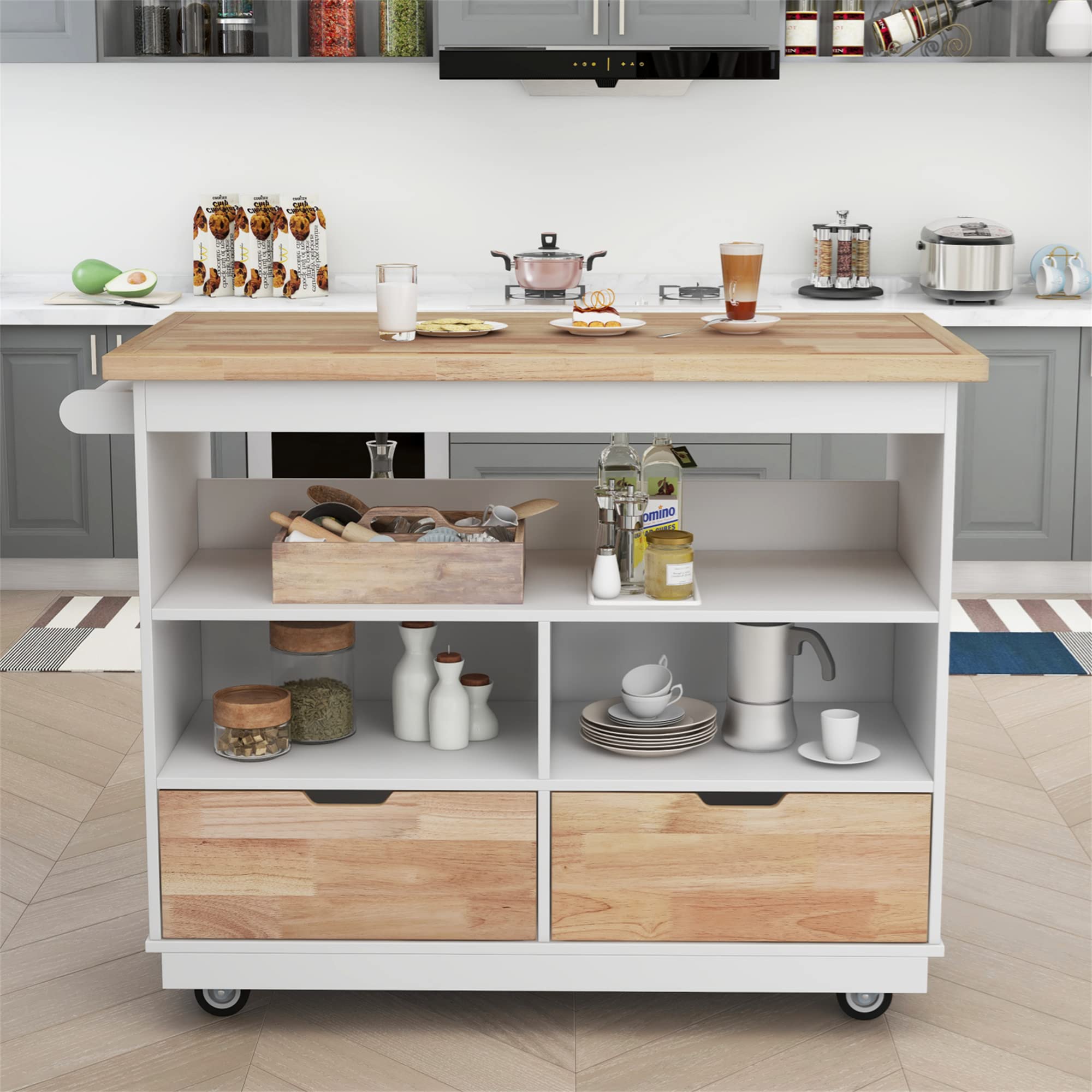 Premium White Kitchen Island Cart with Storage - Solid Wood Countertop, 2 Drawers & Wheels for Mobility - Versatile 2-Sided Kitchen Trolley for Dining Prep, Extra Counter Space & Tableware Organization - Perfect for Small Kitchens & Open-Concept Homes