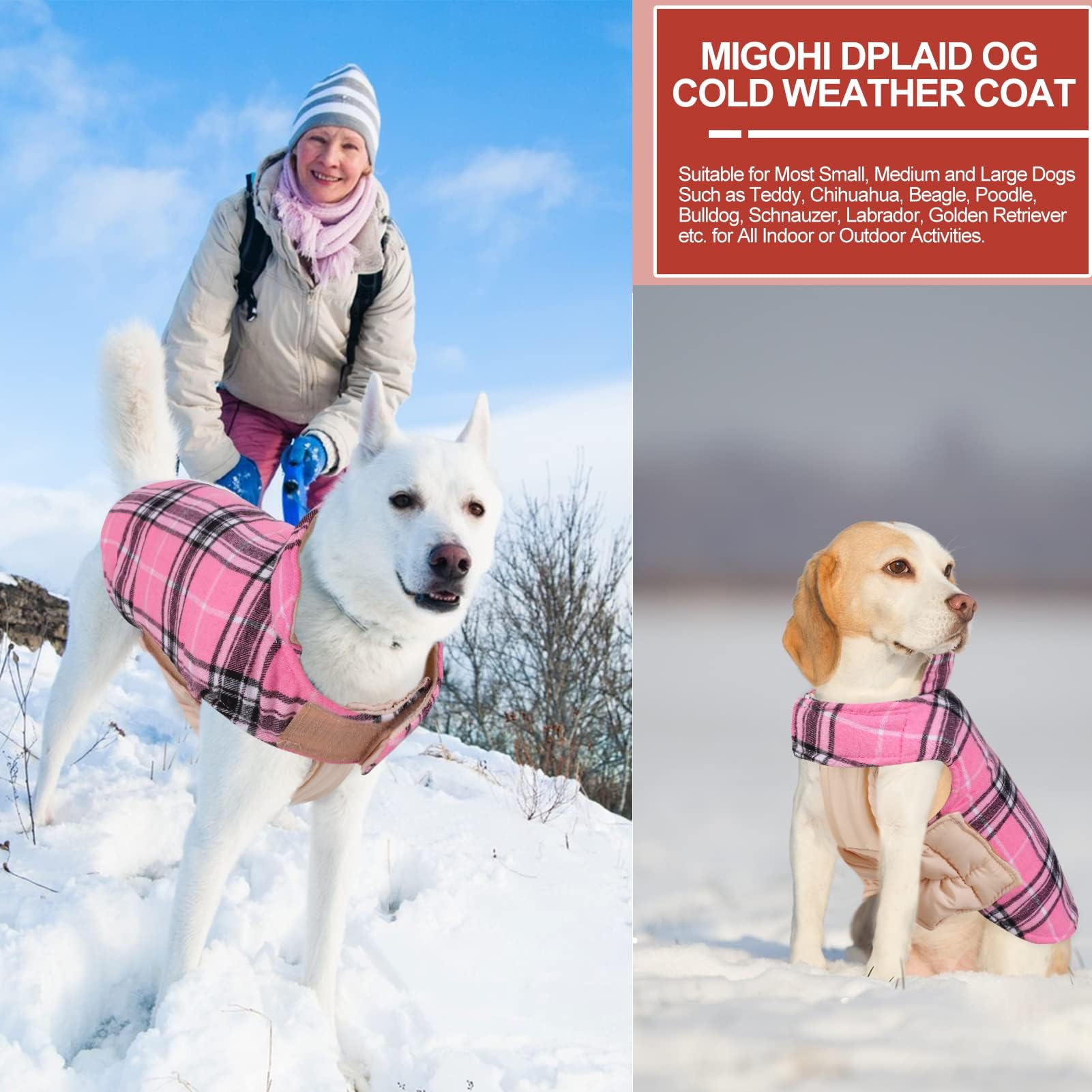MIGOHI Reversible Dog Jacket - Windproof Waterproof Winter Coat for Small Medium Large Dogs, British Style Plaid Warm Vest (Pink) - Perfect for Cold Weather Walks & Outdoor Adventures