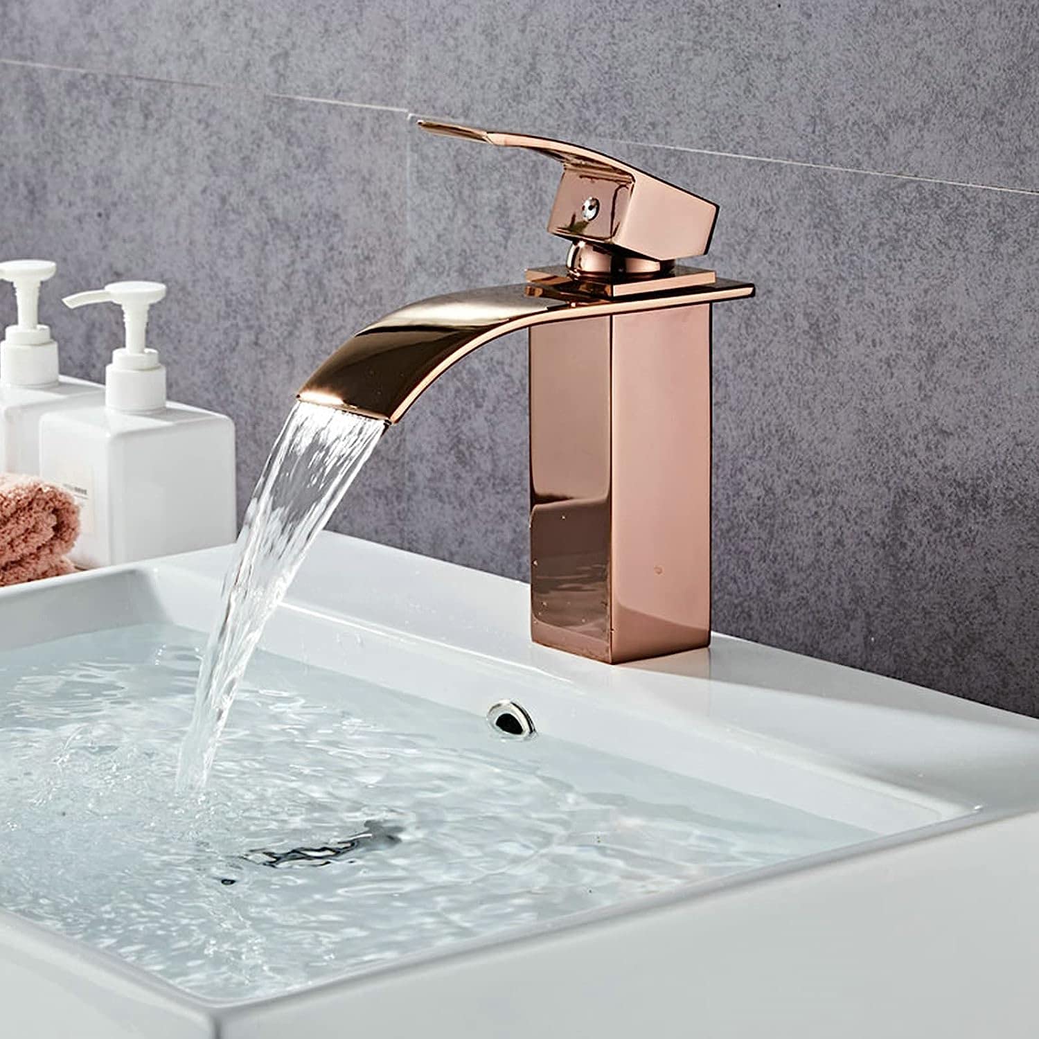 DEKIKA Single Hole Bathroom Sink Faucet - Wide Mouth Waterfall Basin Faucet with Single Handle Hot and Cold Water Mixer - Brass Washbasin Faucet in Rose Gold - Perfect for Modern Vanities, Powder Rooms, and Luxury Bathrooms