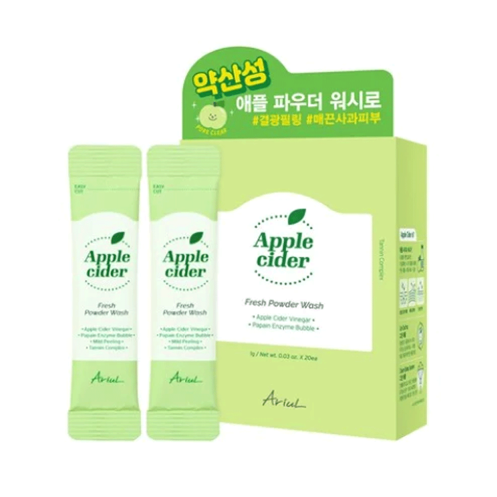 Ariul Apple Cider Fresh Powder Wash - 20 Count (1g Each) | Gentle Exfoliating Face Cleanser for Clear Skin | Perfect for Daily Skincare Routine & Travel