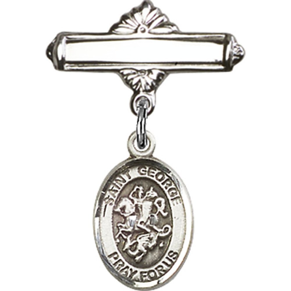 Sterling Silver Baby Badge with St. George Charm - Polished Badge Pin 1 X 5/8 Inches - Perfect for Christening Gifts, Baby Showers & Keepsake Jewelry