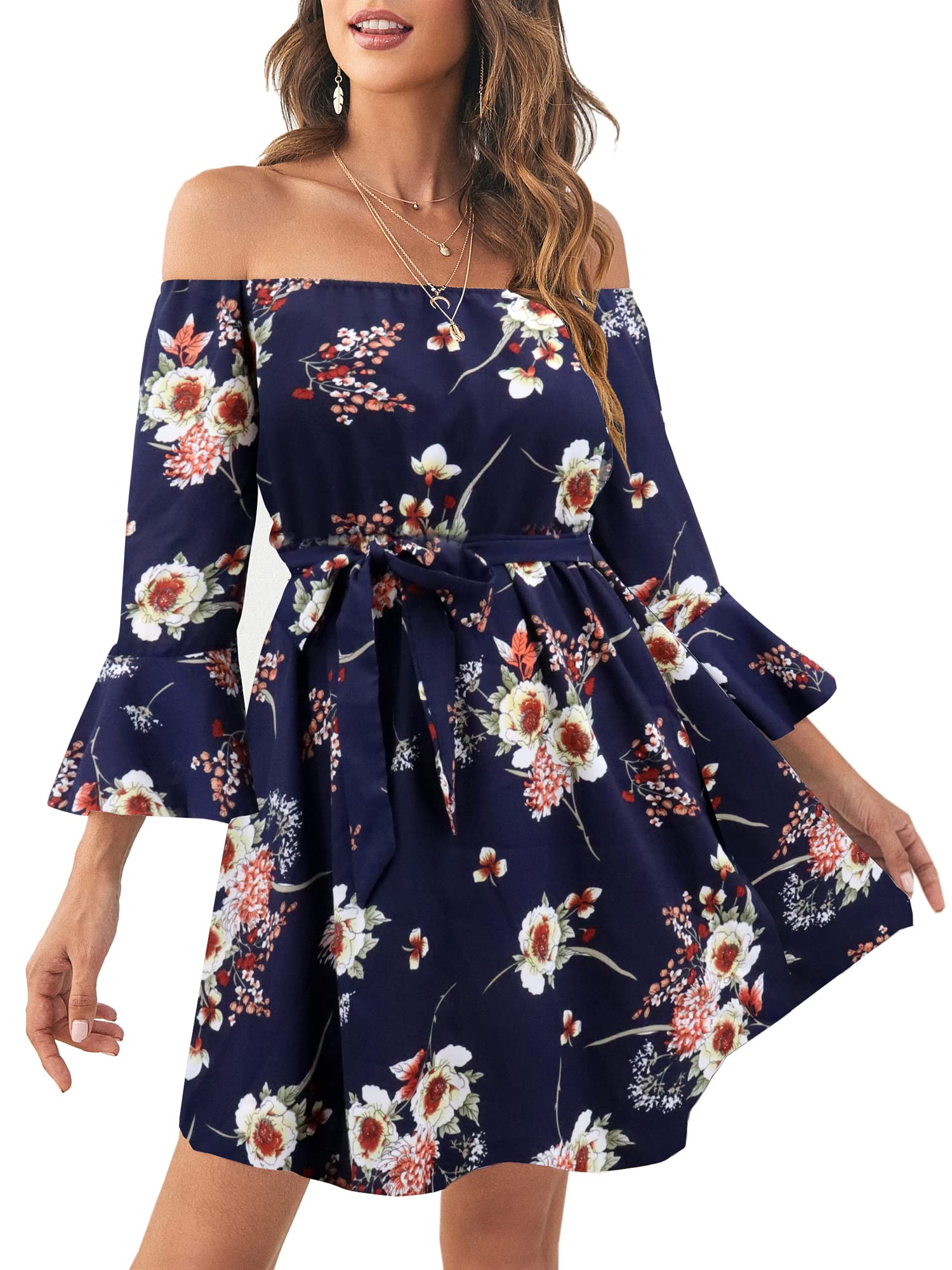JECEIKA Women's Off Shoulder Ruffle Floral Summer Dress - A-Line Short Skater Dress with Belt for Wedding Guest, Party, Cocktail & Beach Occasions