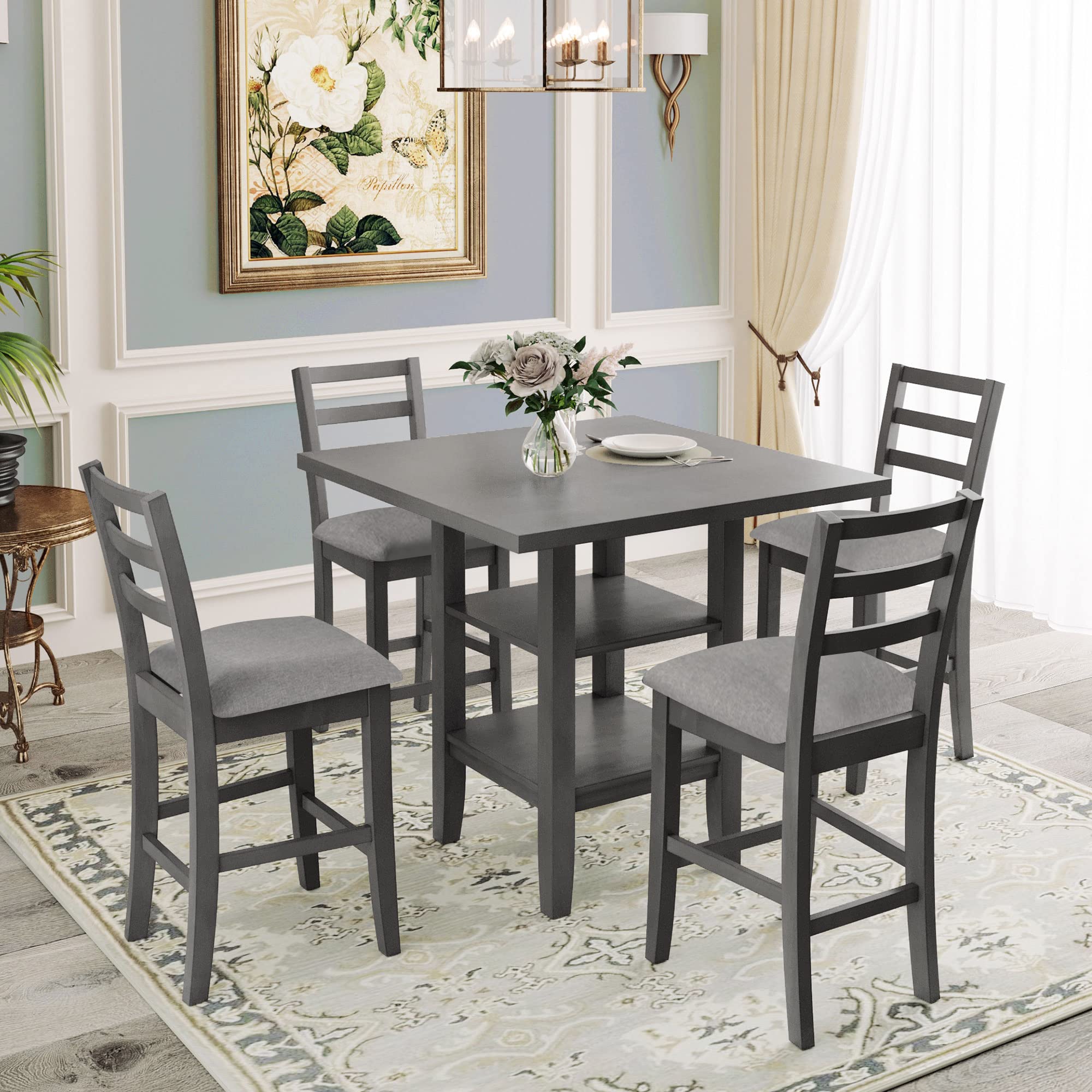 AOCOROE 5-Piece Counter Height Dining Table Set for 4 - 35 x 35 Inch Wood Table with 4 Padded Chairs - Perfect for Small Spaces, Dinette Kitchen, Breakfast Nook & Dining Room - Modern Farmhouse Style