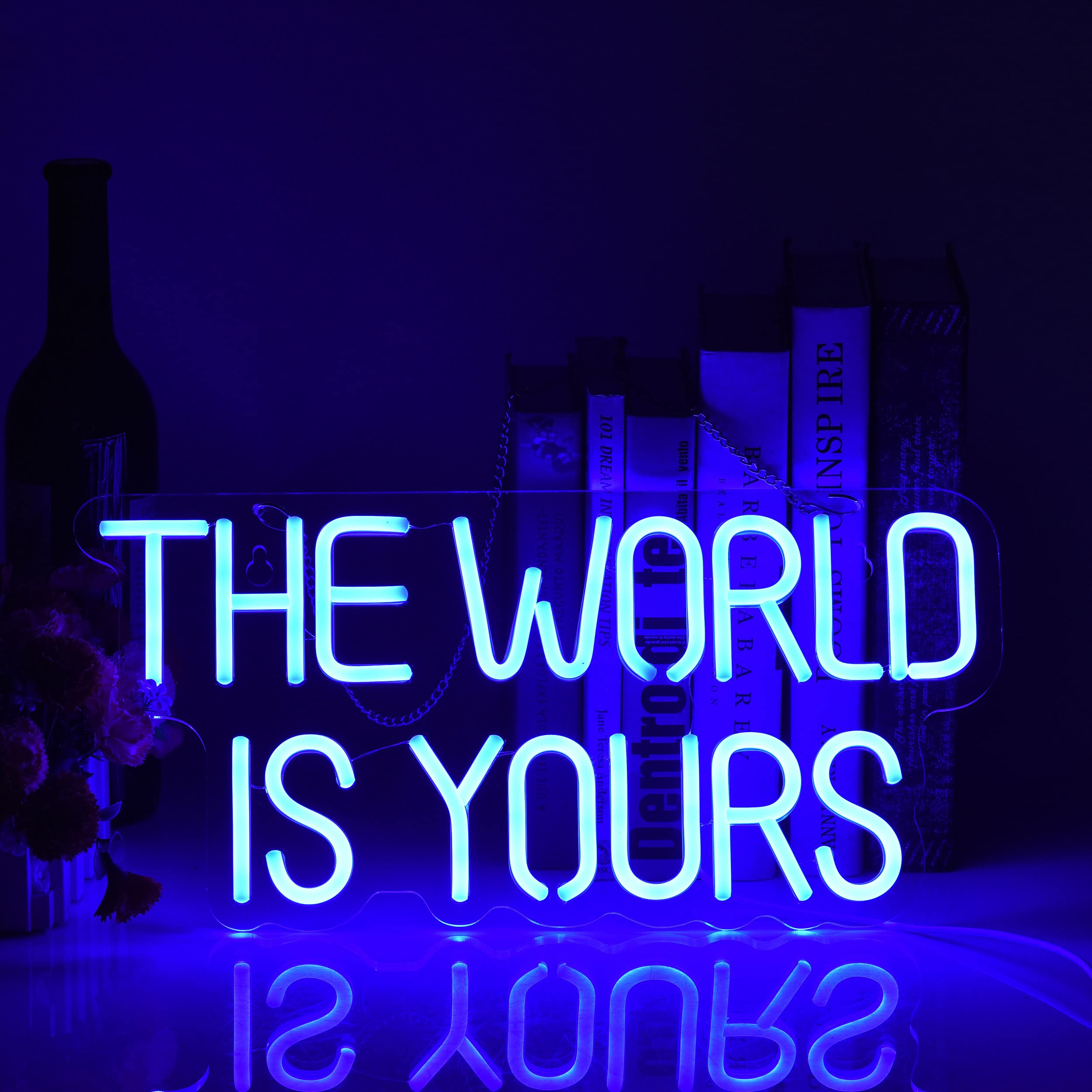 17x8 Inch LED Neon Blue 'The World is Yours' Dimmable Wall Sign - Custom Light Switch Art for Bedroom, Living Room & Party Decor | Perfect for Home, Office & Holiday Lighting