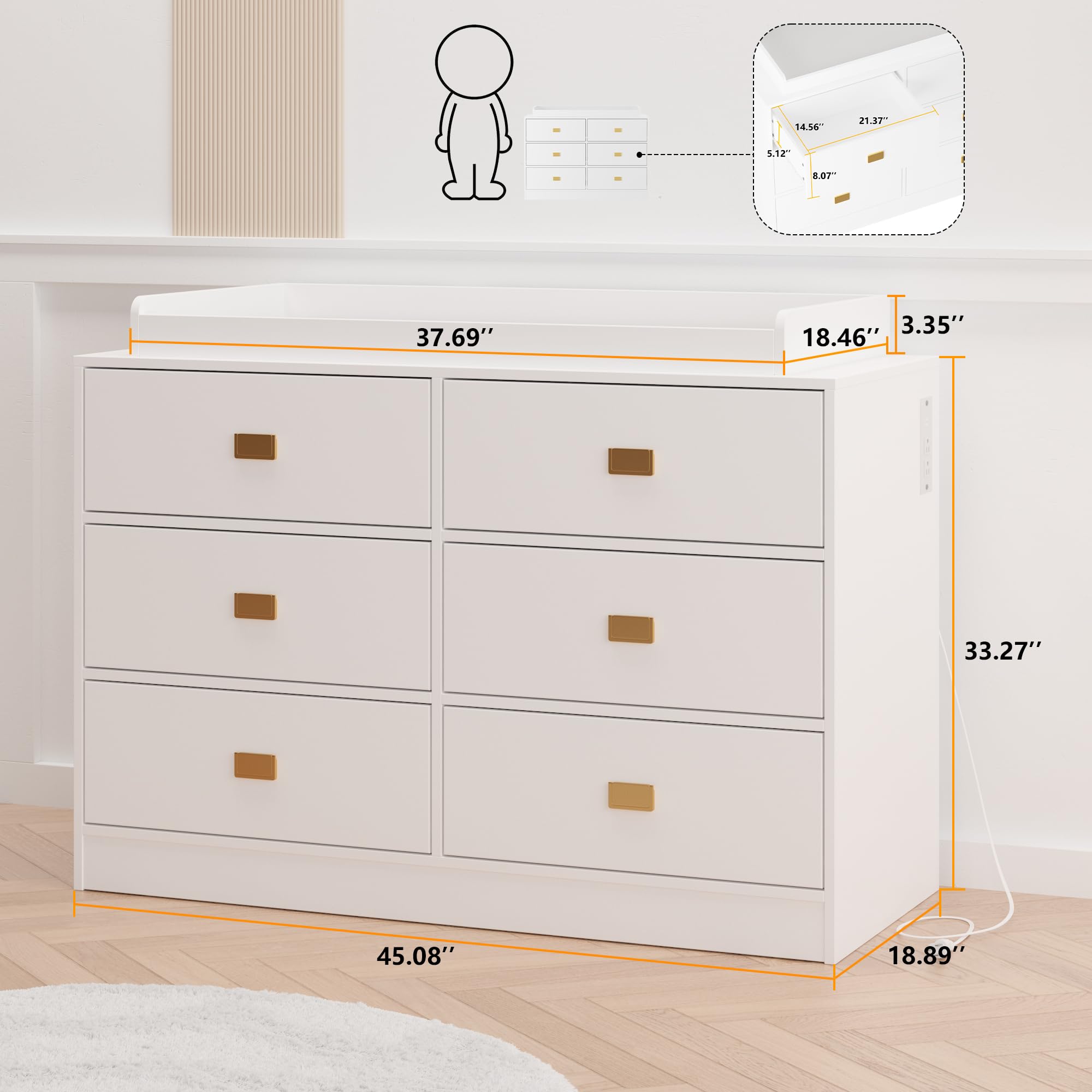 White 6-Drawer Nursery Dresser with Changing Table Top, Power Outlets & Removable Pad - Baby Changing Station for Bedroom & Nursery Organization - Perfect for Diaper Changes, Storage & Nursery Decor