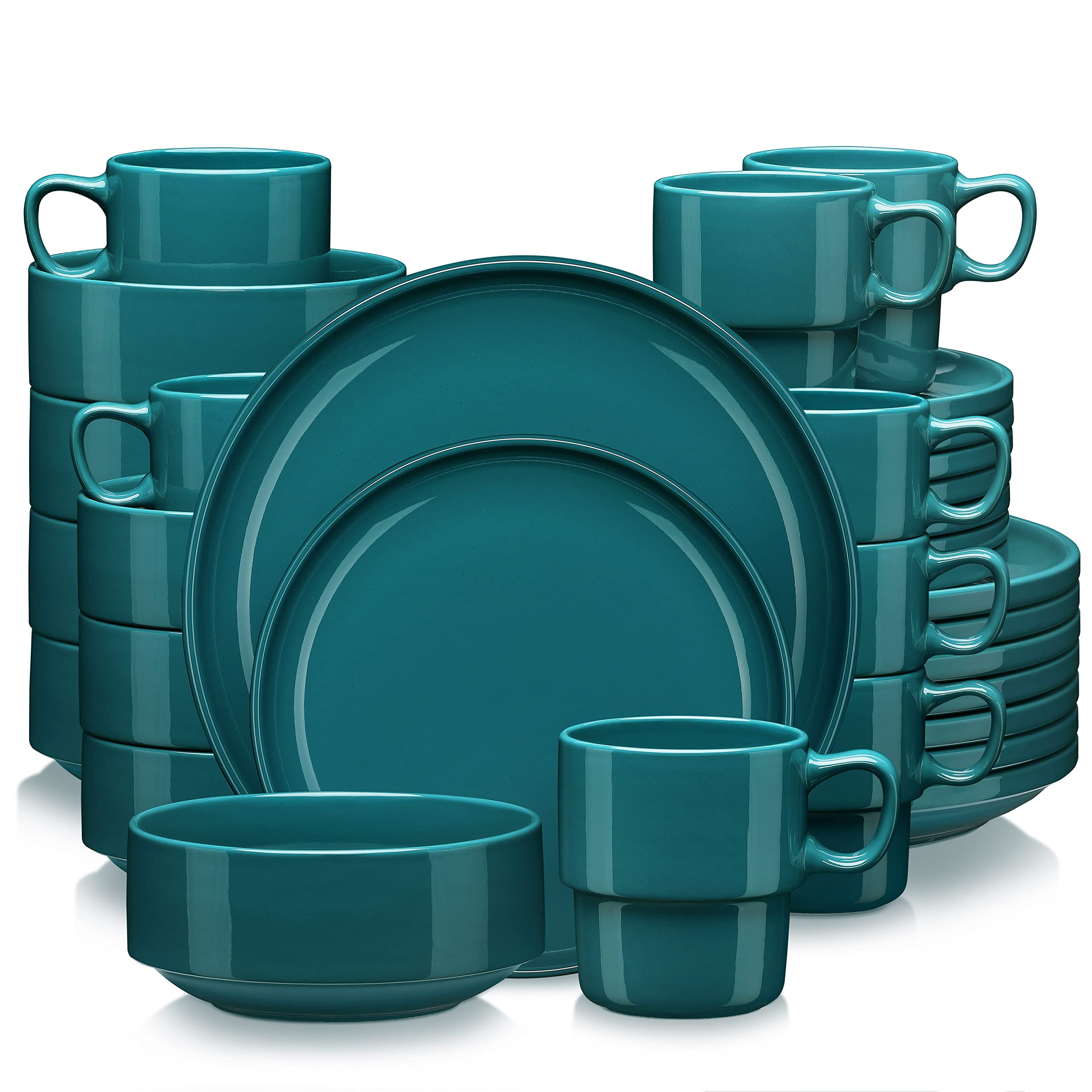 32-Piece Porcelain Dinnerware Set for 8 - Includes Dinner Plates, Dessert Plates, Bowls & Mugs - Dishwasher & Microwave Safe - Blackish Green - Perfect for Family Dinners, Parties & Everyday Use