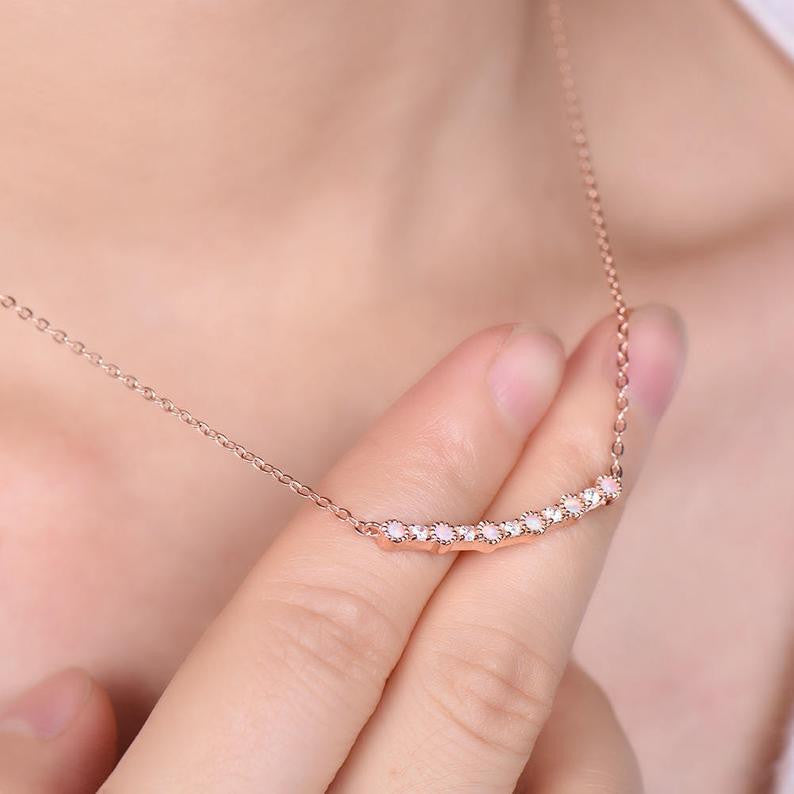 Opal Pendant Necklace with Moissanite - Silver, Rose Gold Plated, 14K or 18K - 14 Inch Chain - Elegant Jewelry Gift for Women, Perfect for Weddings, Anniversaries & Special Occasions
