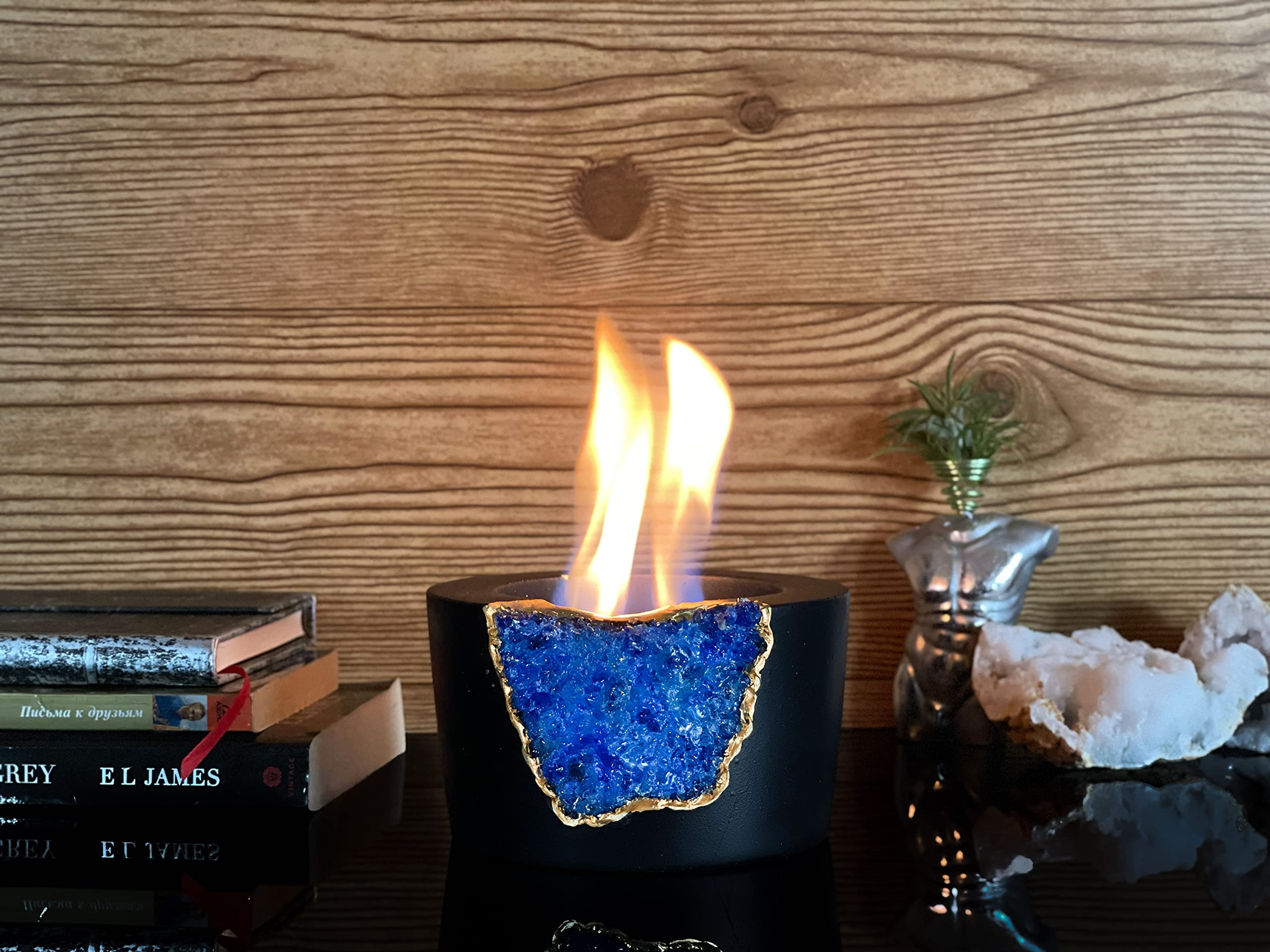 Portable Tabletop Fireplace - Indoor/Outdoor Bio Ethanol Fire Pit Bowl, Mini Concrete Chiminea for Meditation & Decor, Navy Blue & Black - Perfect for Patio, Living Room, and Backyard Ambiance