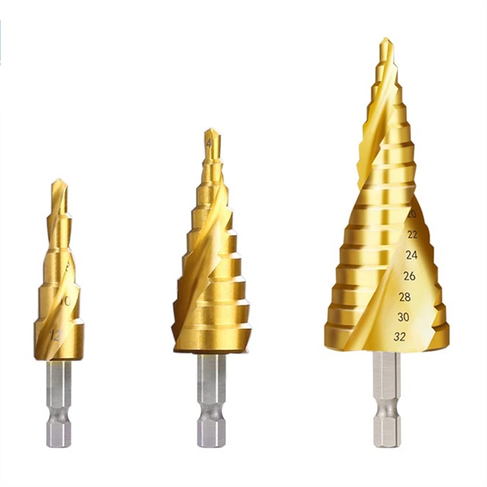 4-32mm Titanium Coated HSS Step Drill Bit Set - Pagoda Shape, Triangle Shank Hole Cutter for Metal, Wood & Plastic - Power Tool Accessories (3pcs Spiral Drill Bits) - Perfect for DIY Projects, Home Repairs & Professional Metalworking
