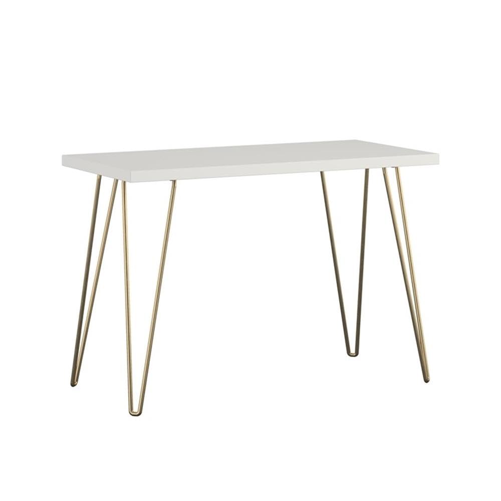 Vintage Mid-Century Modern White and Gold Wooden Computer Desk - Pemberly Row Retro Home Office Desk for Study, Work, and Gaming