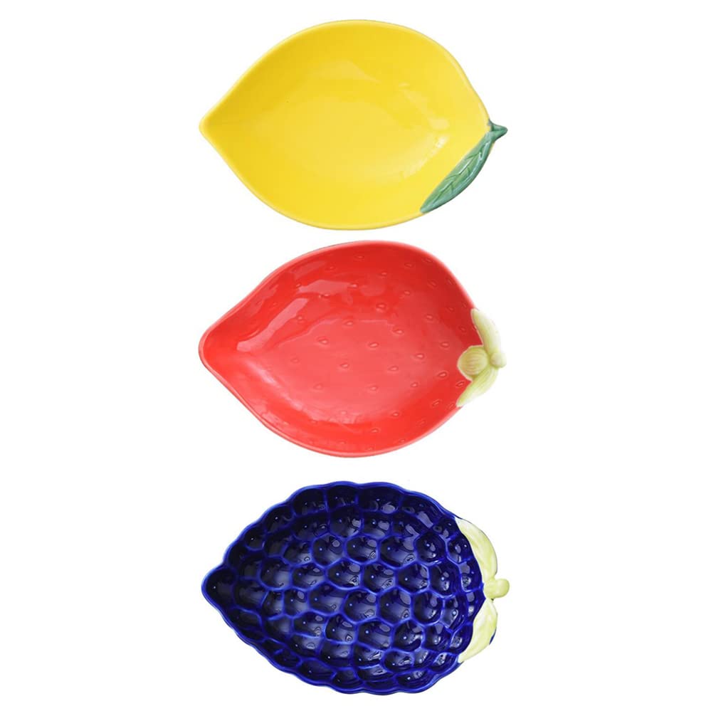 3Pcs Ceramic Dessert Plates - Cute Fruit-Shaped Snack Bowls for Dried Fruits, Salads, Sauces & Seasonings (Grape, Strawberry, Lemon) | Perfect for Tea Parties, Picnics & Home Decor