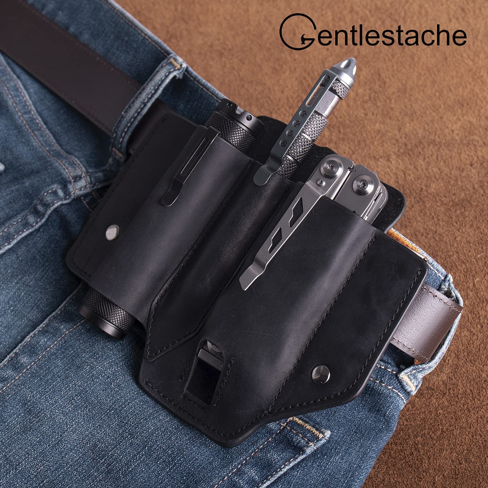 Gentlestache Leather Multitool Sheath Pouch - EDC Belt Holder with Clip for Flashlight & Multitools (Black) - Perfect for Camping, Hiking & Outdoor Adventures