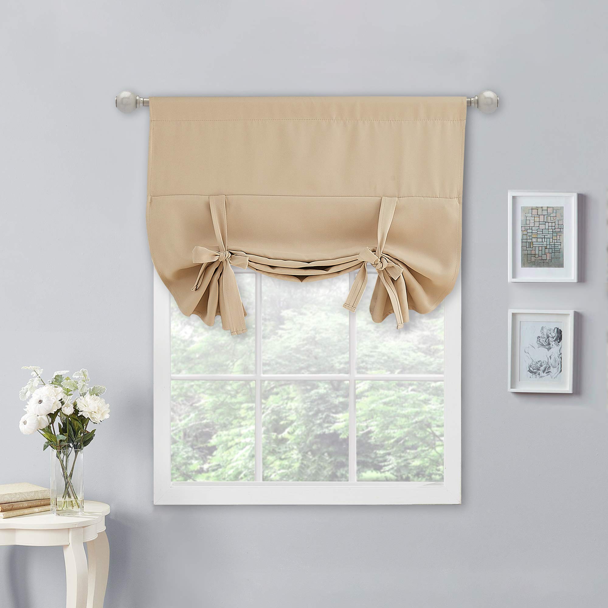 NICETOWN 45 Inch Short Curtains for Small Windows - Roll Up Tie Up Shades for Bathroom, Kitchen & Glass Door (1 Panel, Biscotti Beige, 34W x 45L) - Perfect for Privacy & Light Control in Compact Spaces