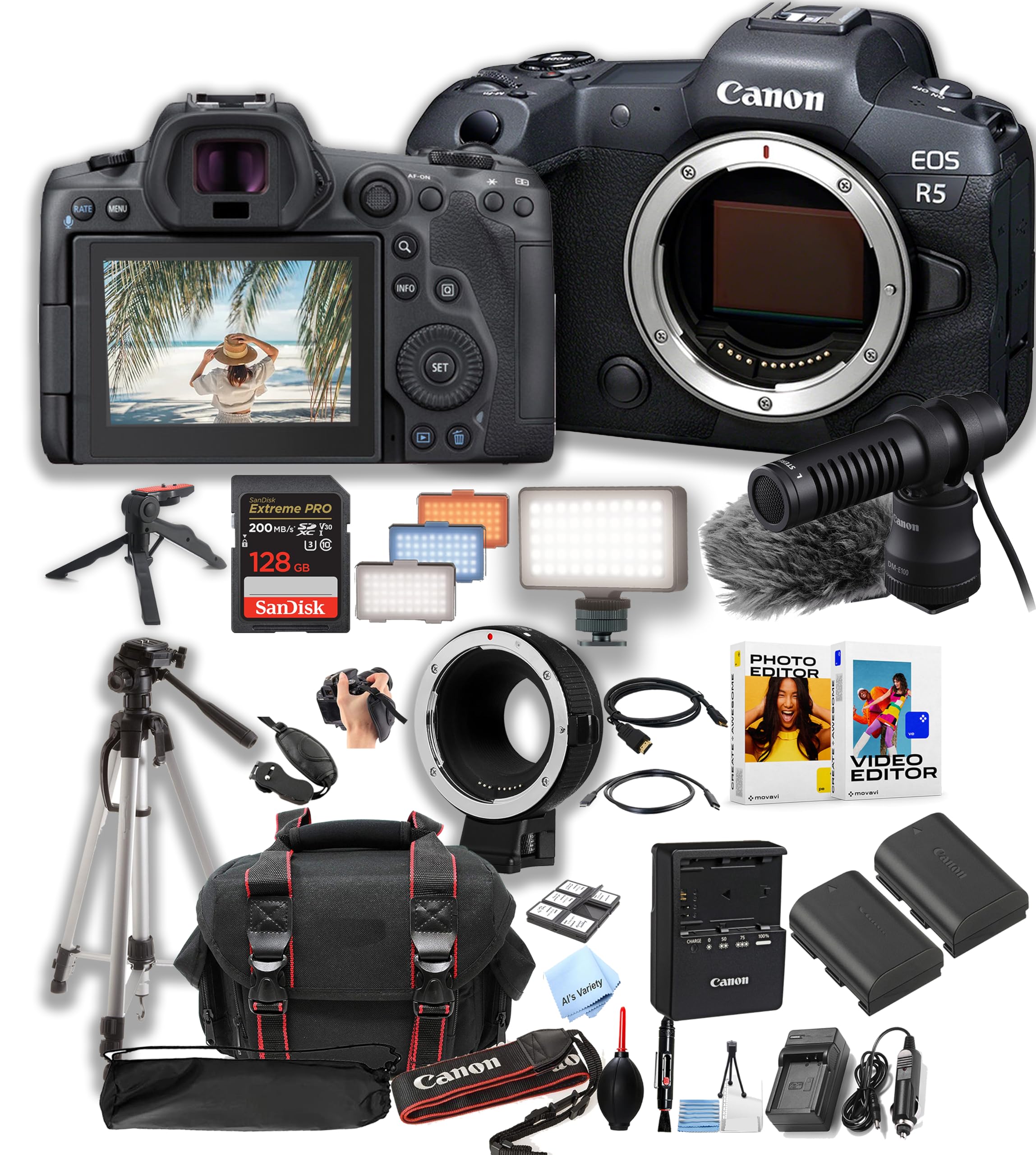 Canon EOS R5 Mirrorless Camera Bundle - 45MP Full Frame Body, 128GB Pro Speed Memory Card, EF-RF Lens Adapter, LED Video Light, DME 100 Microphone, Case, Tripod & Software Pack (Renewed) - Perfect for Professional Photography, Videography & Content Creation