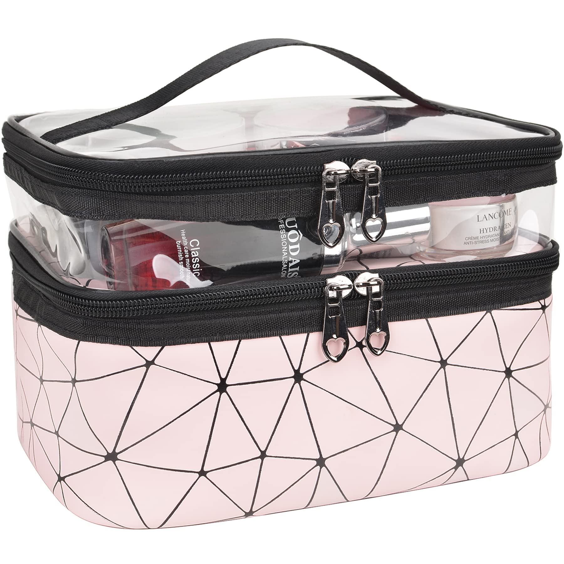 MKPCW Double Layer Travel Makeup Bag - Waterproof Cosmetic Organizer & Toiletry Case for Women (Pink) | Perfect for Air Travel, Gym, Beach & Daily Essentials Storage