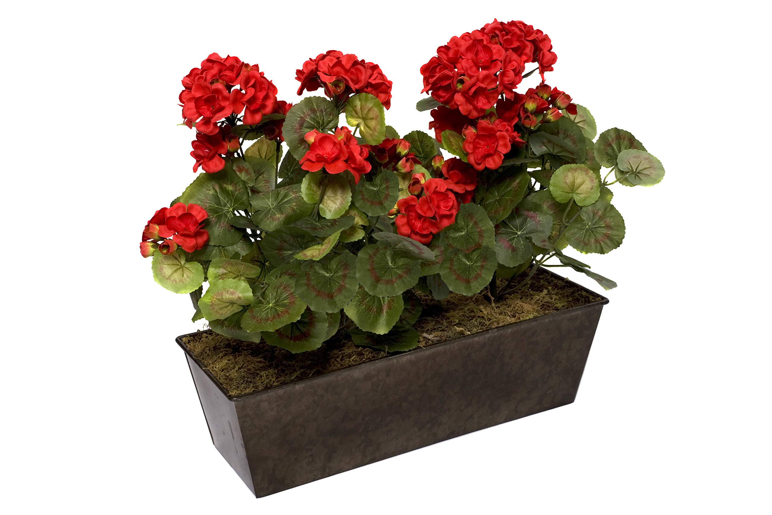 Red Artificial Geraniums in Rustic Tin Planter - 18 Inch Faux Flowers for Window Box Decor, Home & Garden, Wedding Centerpieces, and Outdoor Patio Decorations