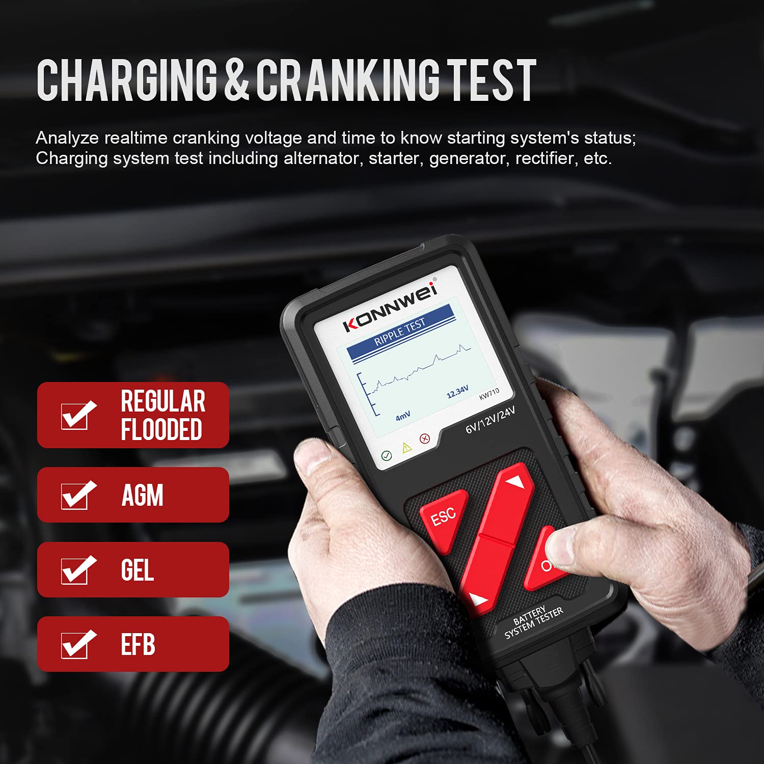 KONNWEI KW710 6V 12V 24V Digital Car Battery Tester - 100-2000CCA Automotive Battery Load Analyzer with Alternator & Starter Tester for Cars, Trucks, Motorcycles, Marine, ATVs & SUVs | Perfect for Road Trips, Winter Prep & Vehicle Maintenance