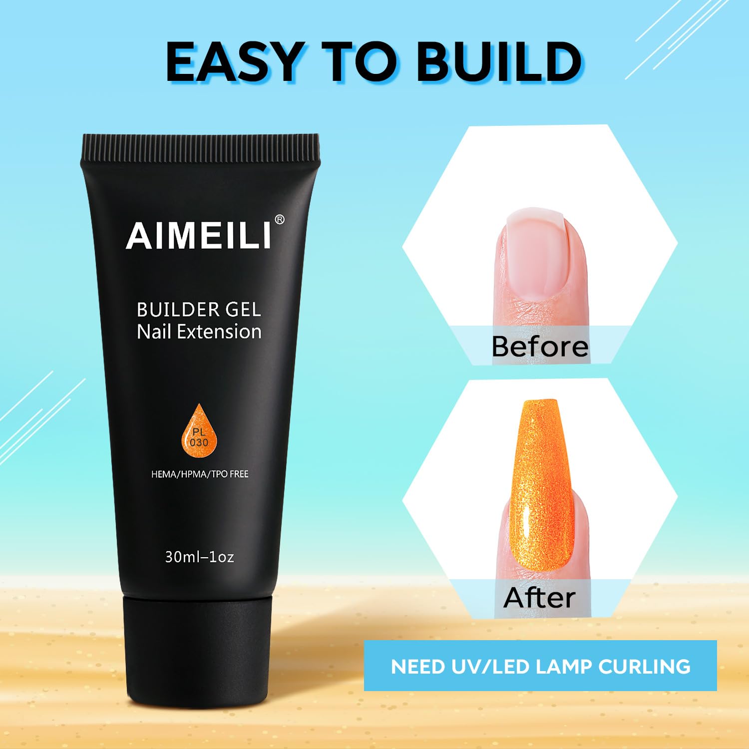 AIMEILI HEMA-Free Poly Nail Extension Gel - Orange Glitter Builder Gel for Nail Art & DIY Salon Enhancements | At-Home Manicure Kit, Perfect Gift for Women (Color 030) | Great for Parties, Weddings & Special Occasions