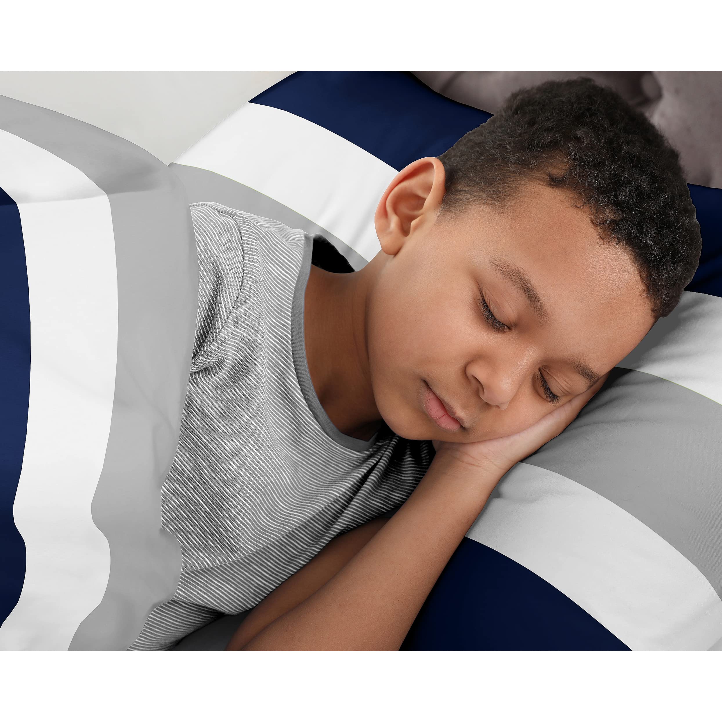 Navy Blue, Gray & White 3-Piece Boys' Stripe Bedding Set - Full/Queen Size for Kids & Teens - Perfect for Bedrooms, Dorms & Sleepovers
