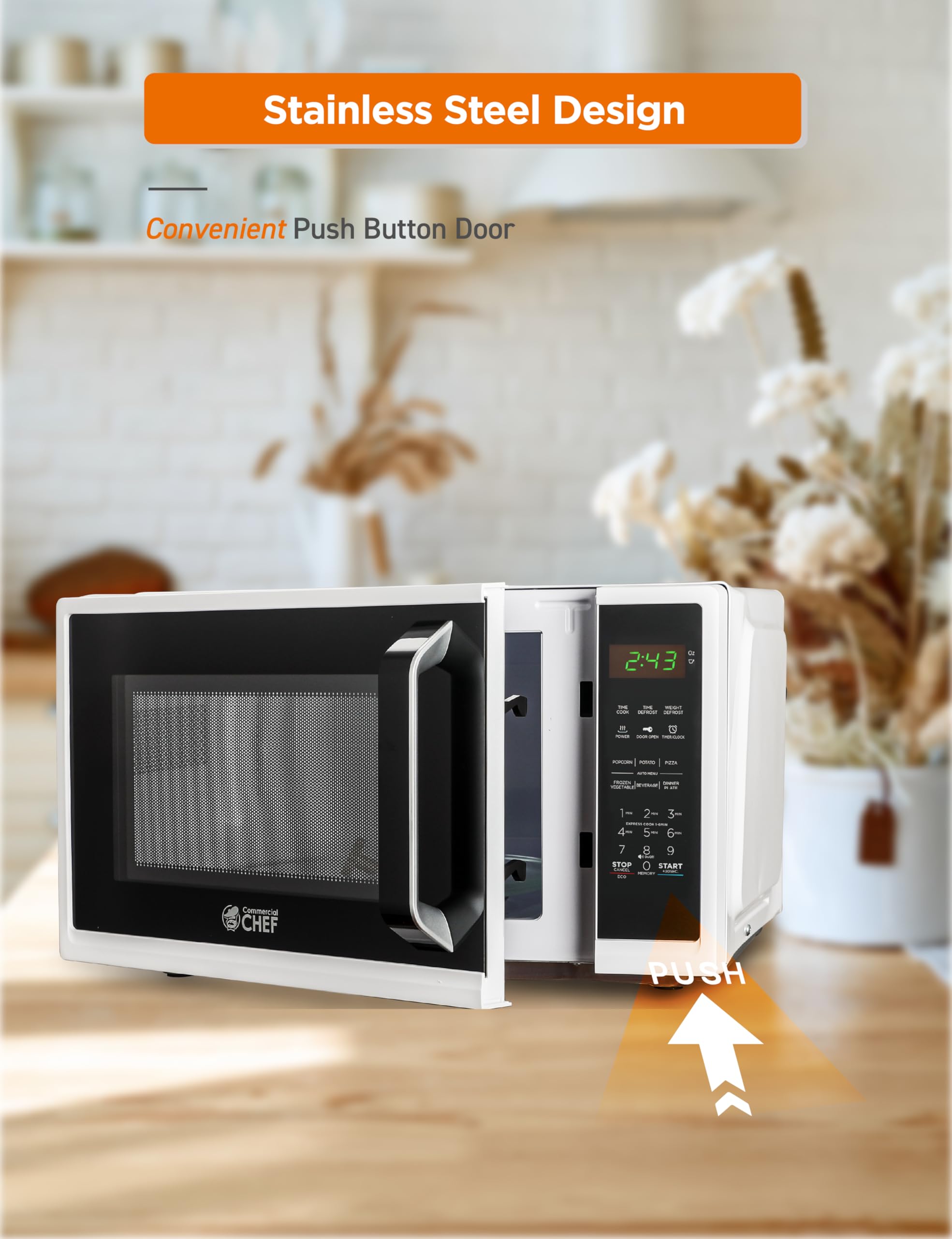 Commercial Chef 0.9 Cu Ft Compact Microwave Oven - 900W Countertop Microwave with 10 Power Levels, Digital Display, Safety Lock & Kitchen Timer - Perfect for Dorms, Offices & Small Kitchens - White