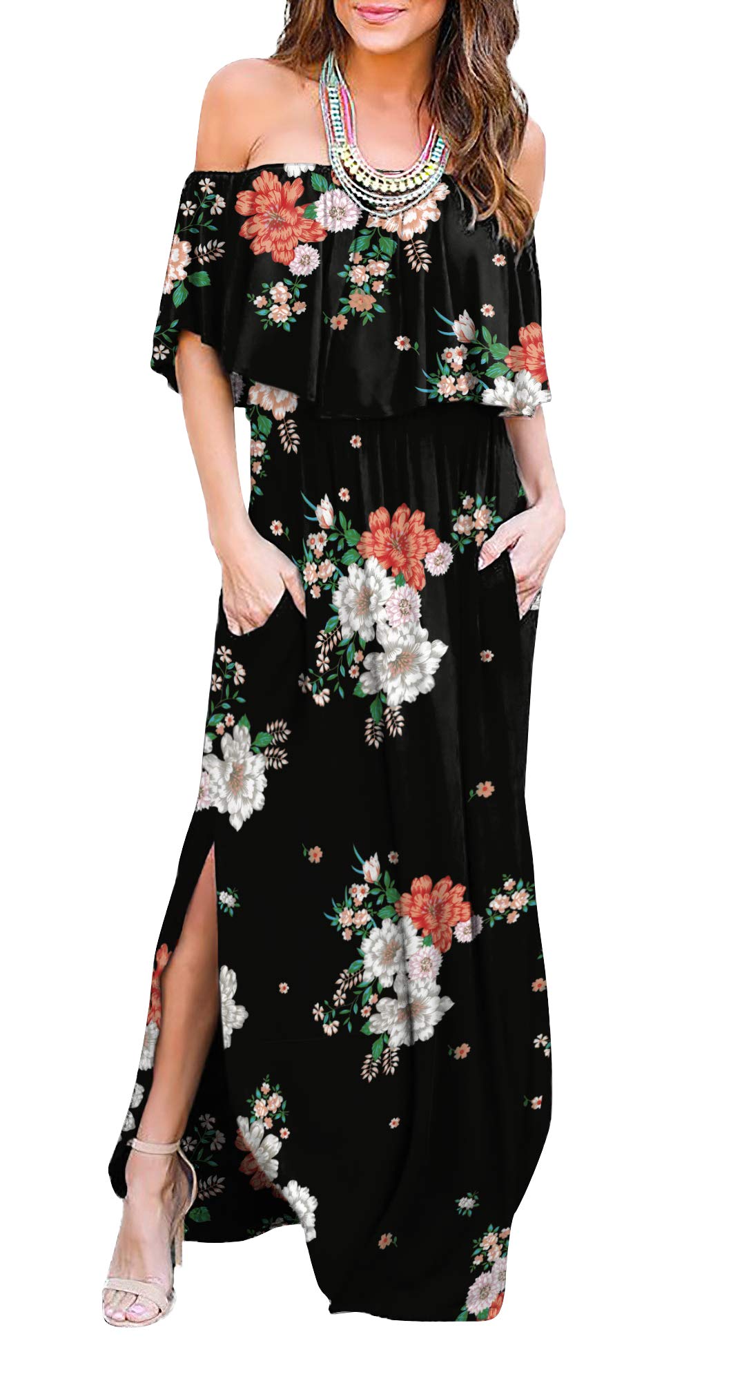 Women's Off-The-Shoulder Ruffle Party Dress with Side Slit - Elegant Beach Maxi Dress for Summer Weddings, Vacations & Night Out