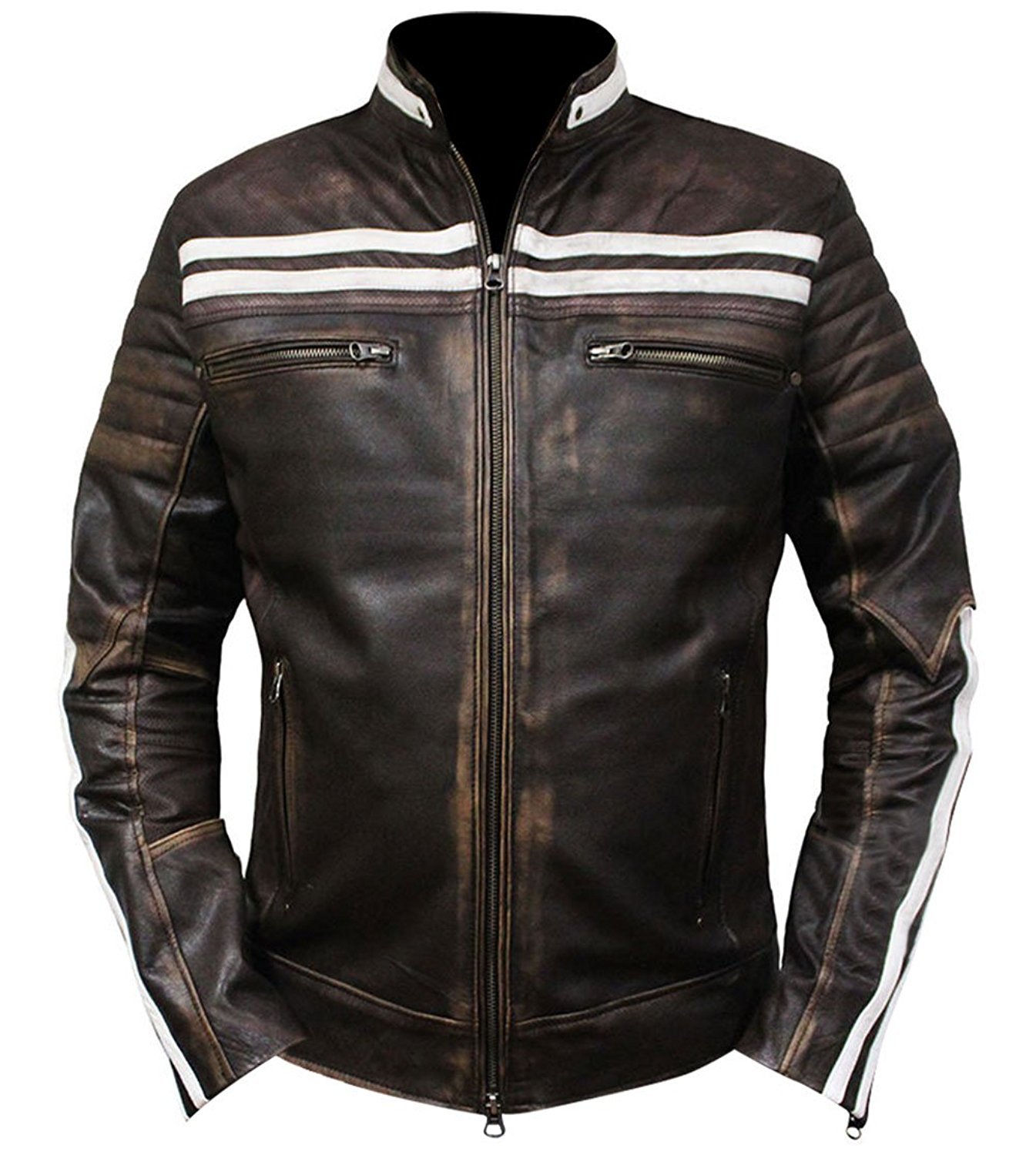 Vintage Cafe Racer Motorcycle Leather Jacket - Distressed Brown with White Stripes | Retro Biker Style for Men & Women | Perfect for Motorcycle Riding, Casual Outfits & Vintage Fashion