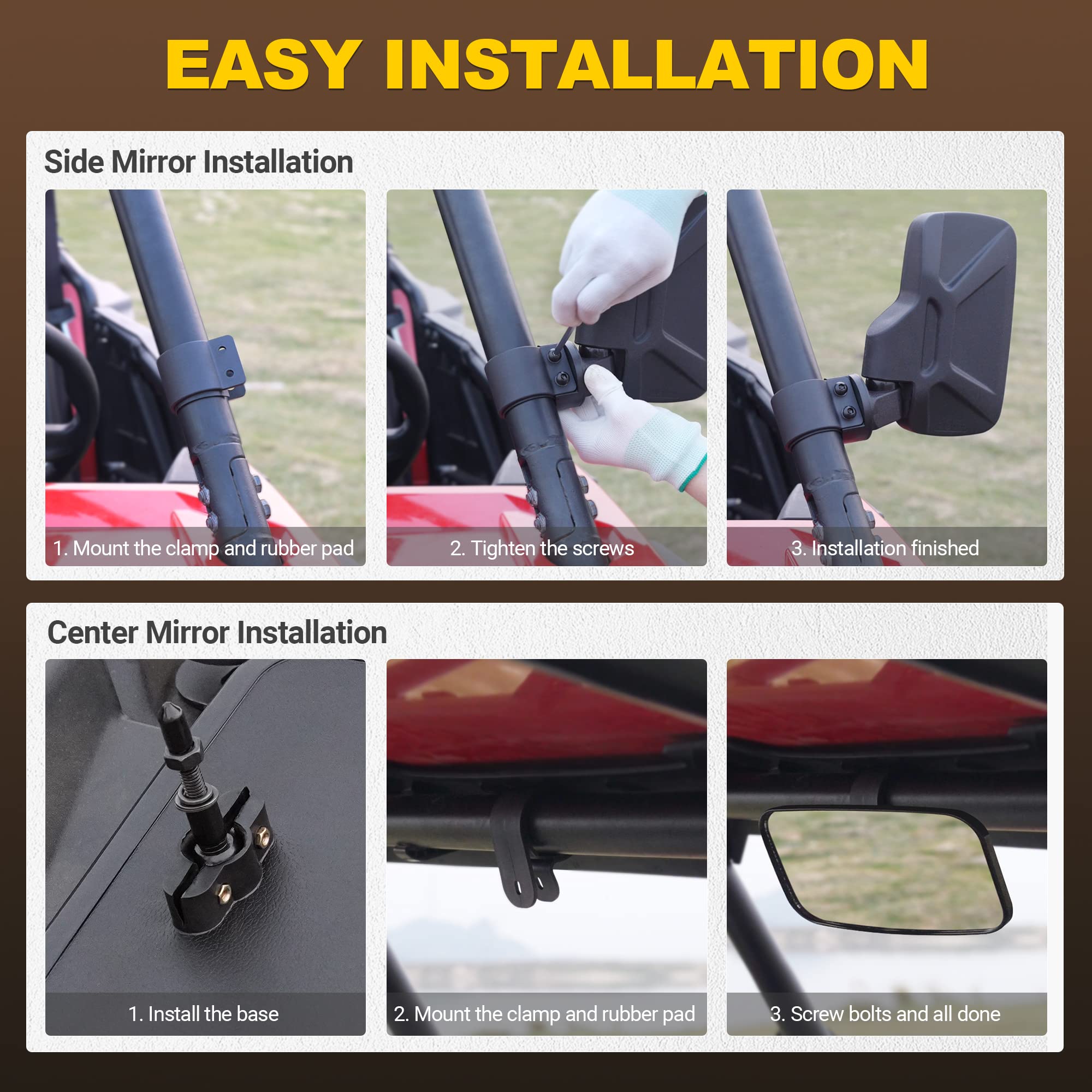 BUMBEE UTV Side Mirrors and Center Mirror - Adjustable Rearview Mirrors for 1.6-2