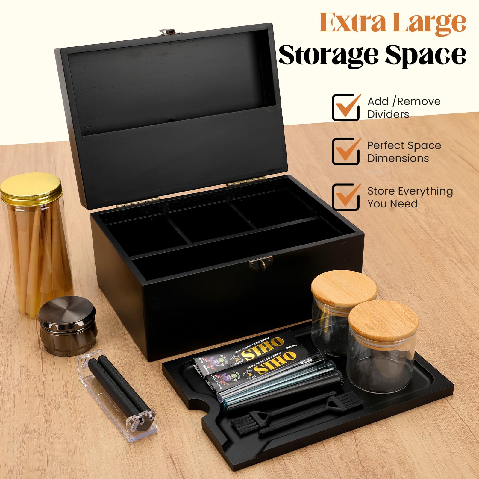 Premium Large Bamboo Storage Box with Removable Tray - Decorative Organizer Set with Glass Jars & Wooden Accessories for Home, Office, Bathroom & Craft Room Organization (Black)
