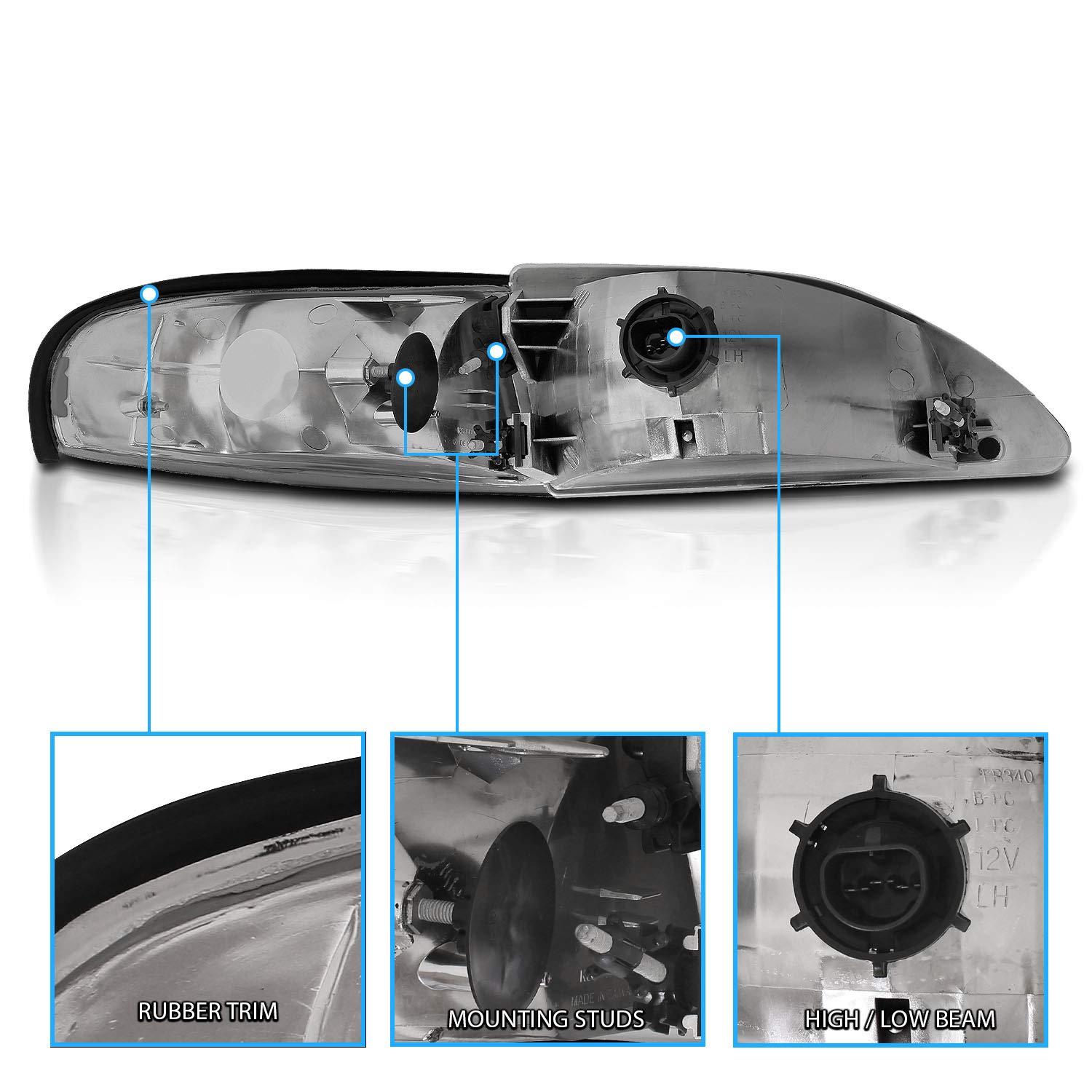 94-98 Ford Mustang Smoke Replacement Headlights & Corner Turn Signal Set - Passenger & Driver Side - Upgrade for Night Driving & Custom Look