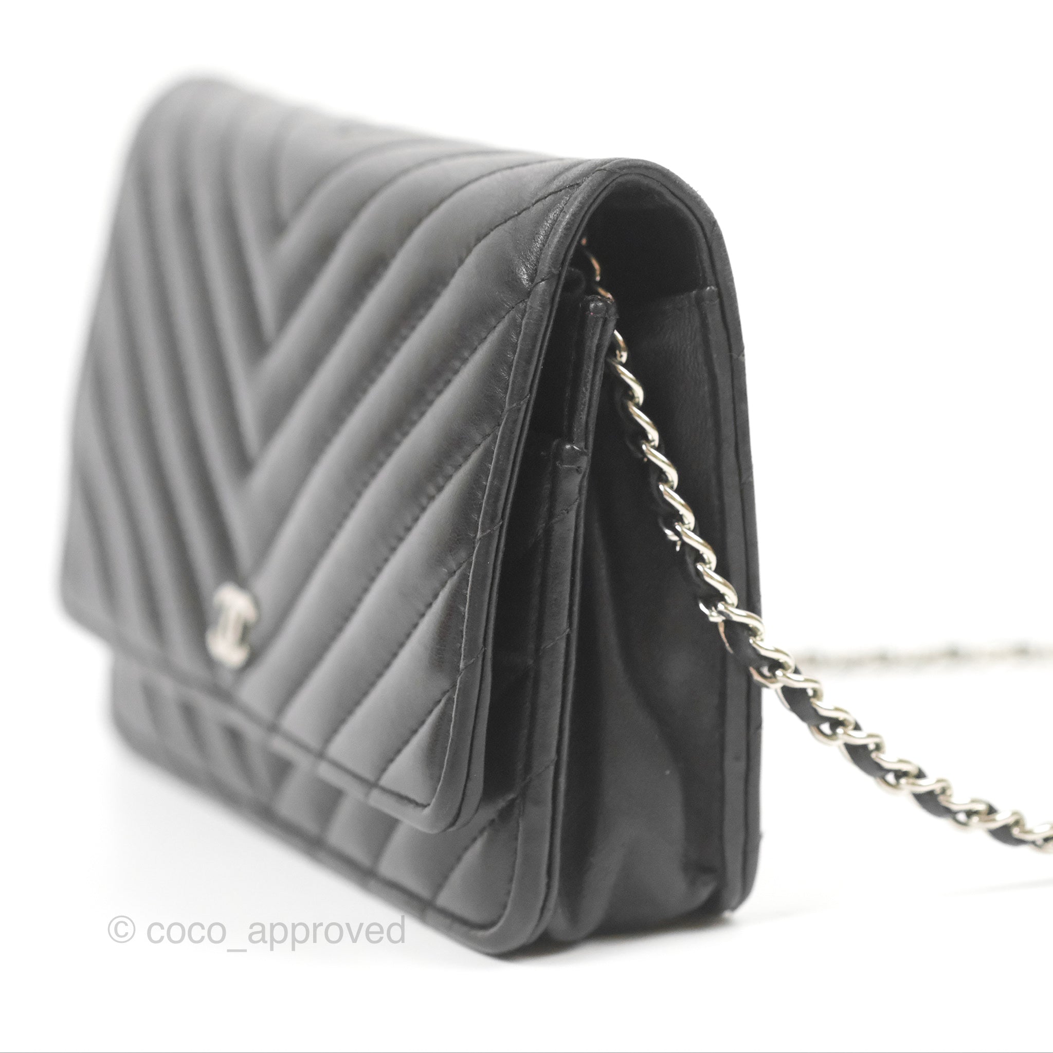 Chanel Classic Chevron Wallet on Chain WOC - Black Lambskin Leather with Silver Hardware | Crossbody Bag for Women, Perfect for Evening Events & Daily Use