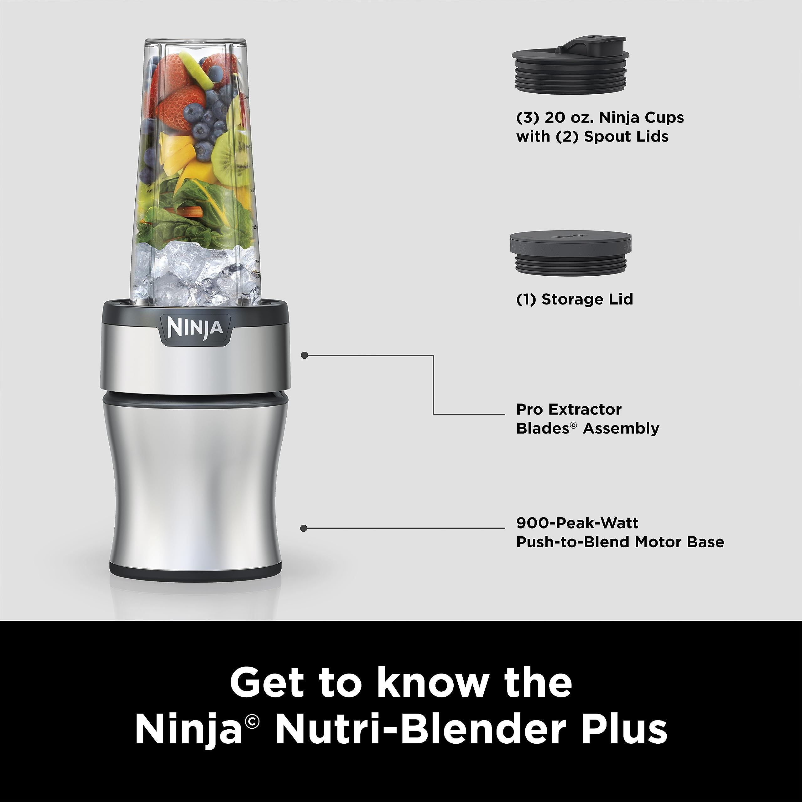Ninja BN301 Nutri-Blender Plus Compact Personal Blender - 900W Motor for Smoothies, Frozen Drinks & Sauces - Includes 3x 20oz To-Go Cups & Lids - Dishwasher Safe - Perfect for Home, Office & Gym Use