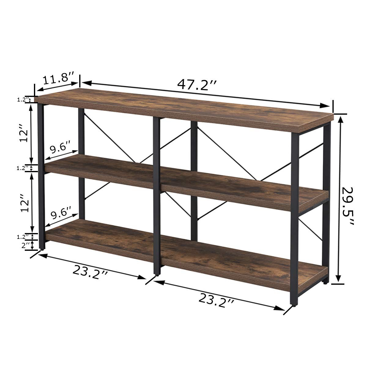 Rustic Industrial Console Table - 47 Inch Long Sofa Table with 3-Tier Storage Shelves, Entryway Table for Living Room & Hallway - GRELO HOME Farmhouse Brown Furniture for Home Decor & Small Space Organization