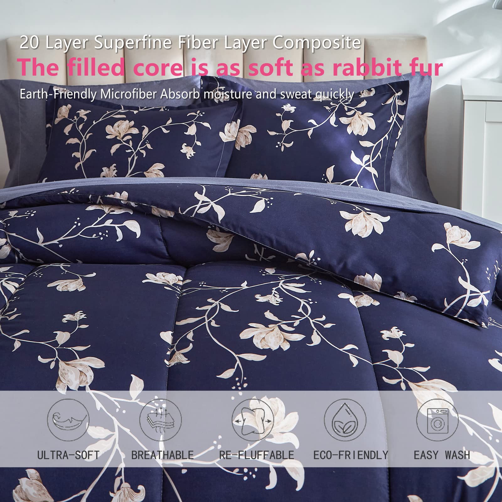 AIKASY 7-Piece Queen Floral Comforter Set - Navy Blue Bed in a Bag (Includes Comforter, 2 Pillow Shams, Sheets & Pillowcases) | Soft Luxury Bedding for Master Bedroom, Guest Room & Dorm Decor