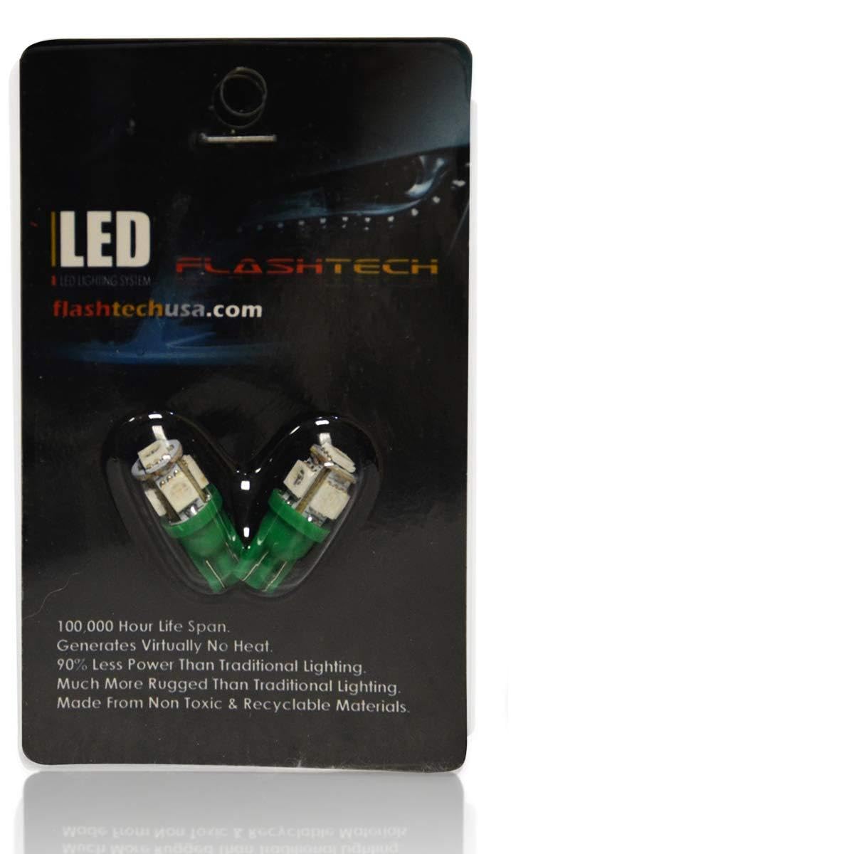 Flashtech T10 Green LED Bulbs - 5 SMD LEDs for Car Interior & Exterior Lighting - Perfect for Dashboard, Dome, License Plate, and Accent Lighting