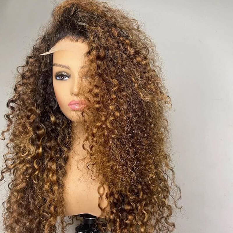 Eullair Ombre 1B/30 Brown Highlights Curly Human Hair Wig with 1B Roots Lace Frontal - Natural Look for Cosplay, Daily Wear & Special Occasions