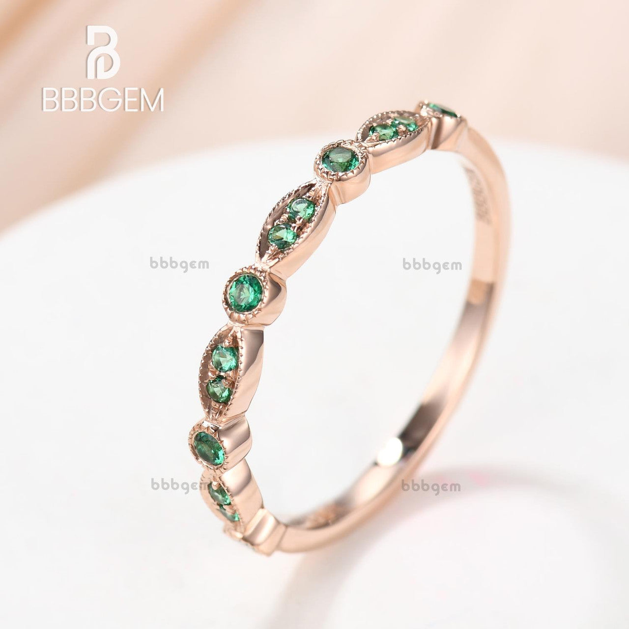14K Rose Gold Emerald Wedding Ring - Antique Art Deco Half Eternity Band, May Birthstone Jewelry for Women | Perfect for Anniversary, Engagement & Special Occasion Gifts