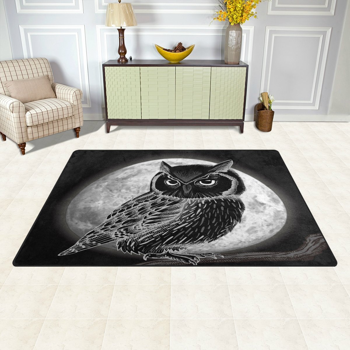 ALAZA Black Night Owl Bird Area Rug - 60x39 Inch Non-Slip Living Room Bedroom Carpet - Perfect for Home Decor, Nursery & Dorm Room