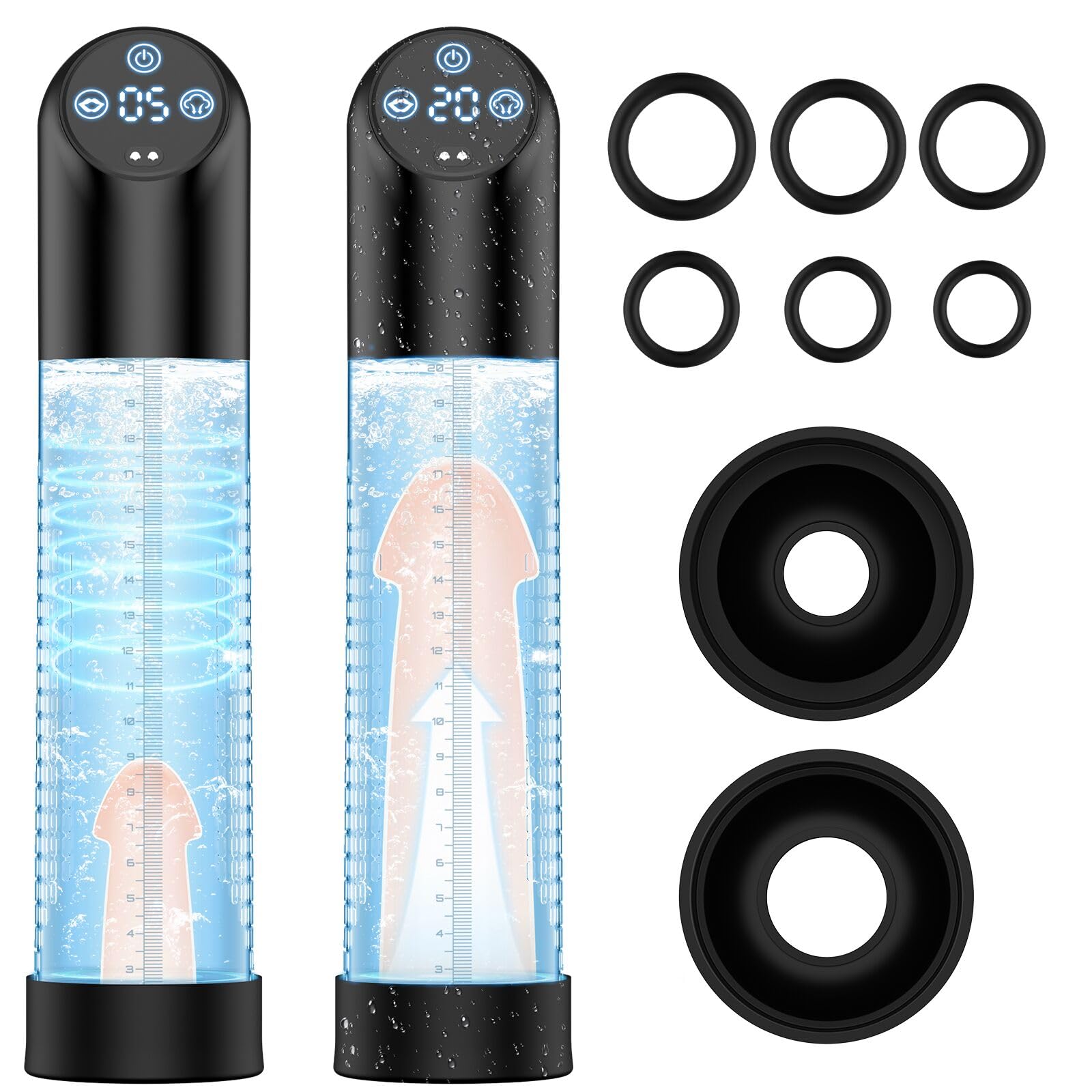 **IPX7 Waterproof Penis Pump for Men - 6 Suction Levels, Silicone Sleeves & Cock Rings - Enhances Size & Pleasure - Perfect for Solo Play & Couples Use**